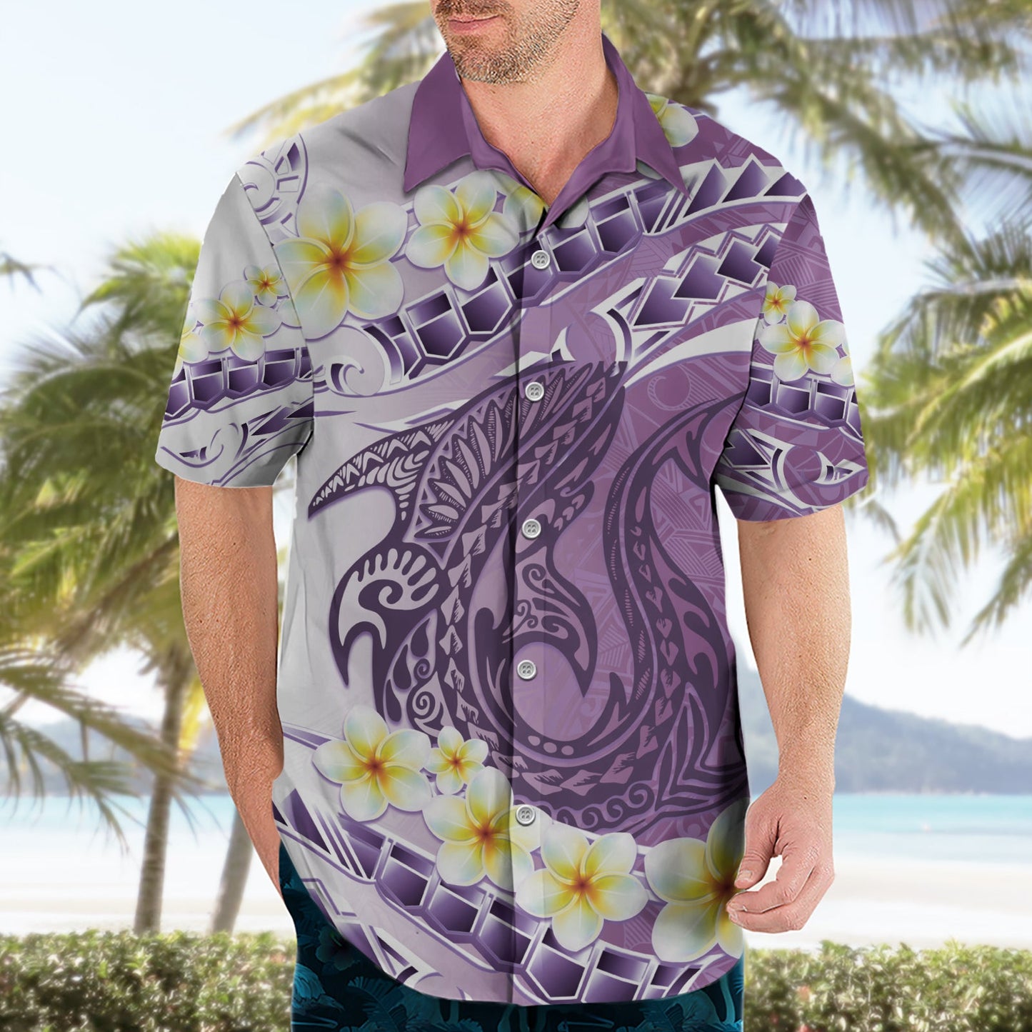 Lila Hawaii Hai Tattoo Hawaiihemd Frangipani mit polynesischer Pastellversion LT14