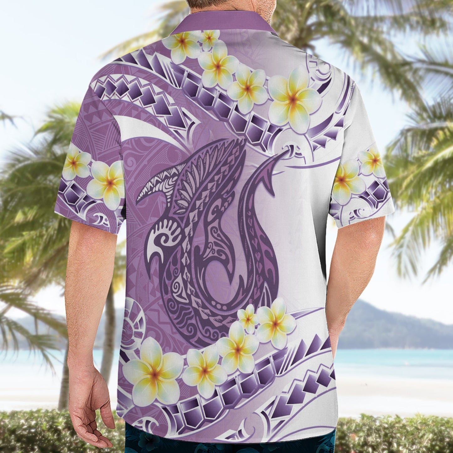 Lila Hawaii Hai Tattoo Hawaiihemd Frangipani mit polynesischer Pastellversion LT14