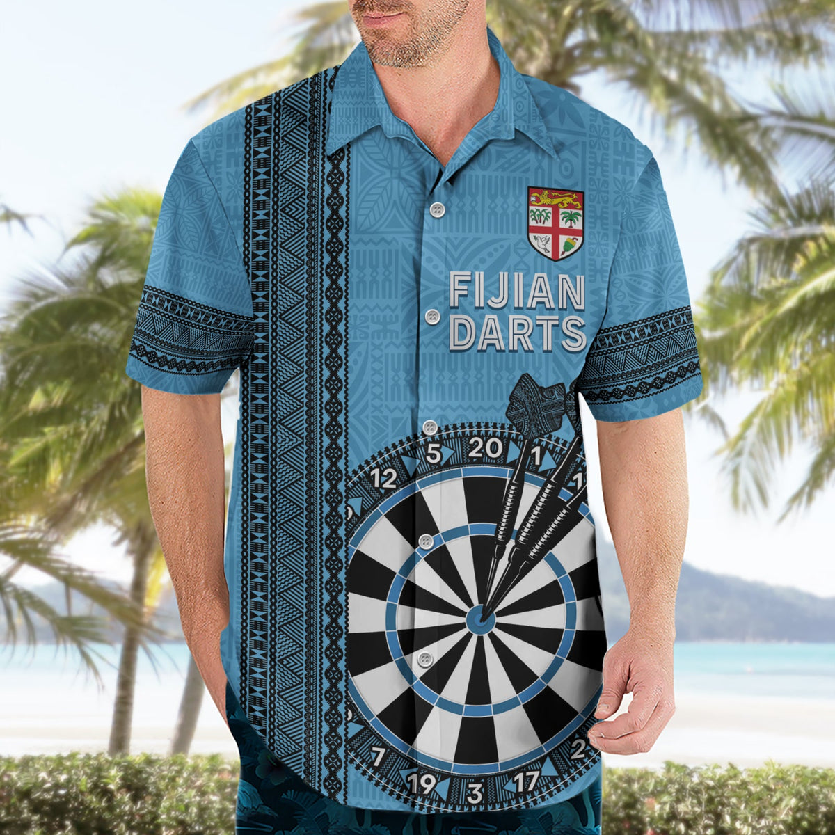 Personalisiertes Fiji Darts Hawaiihemd Fidschi Tapa Muster - Blau LT14