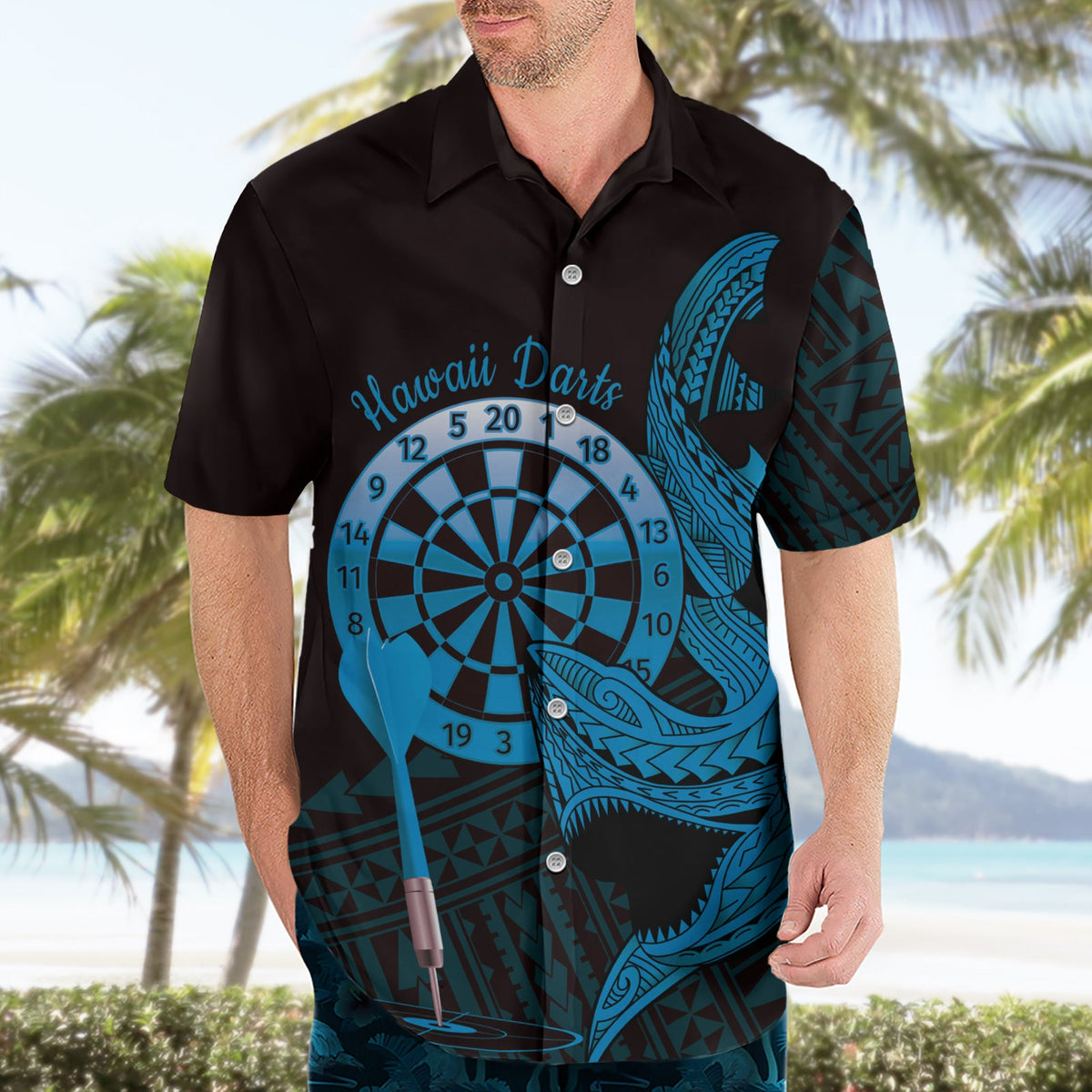 Aloha Hawaii Darts Hawaiihemd Dartscheibe mit polynesischem Hai - Blau LT14