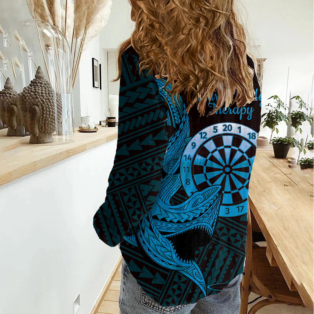 Aloha Hawaii Darts Damen Freizeithemd Dartscheibe mit polynesischem Hai - Blau LT14