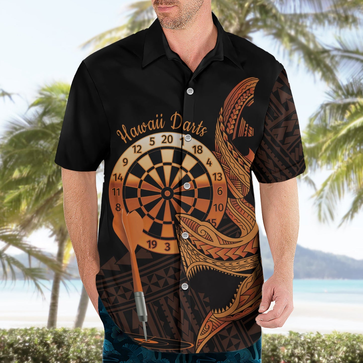 Aloha Hawaii Darts Hawaiihemd Dartscheibe mit polynesischem Hai - Gold LT14