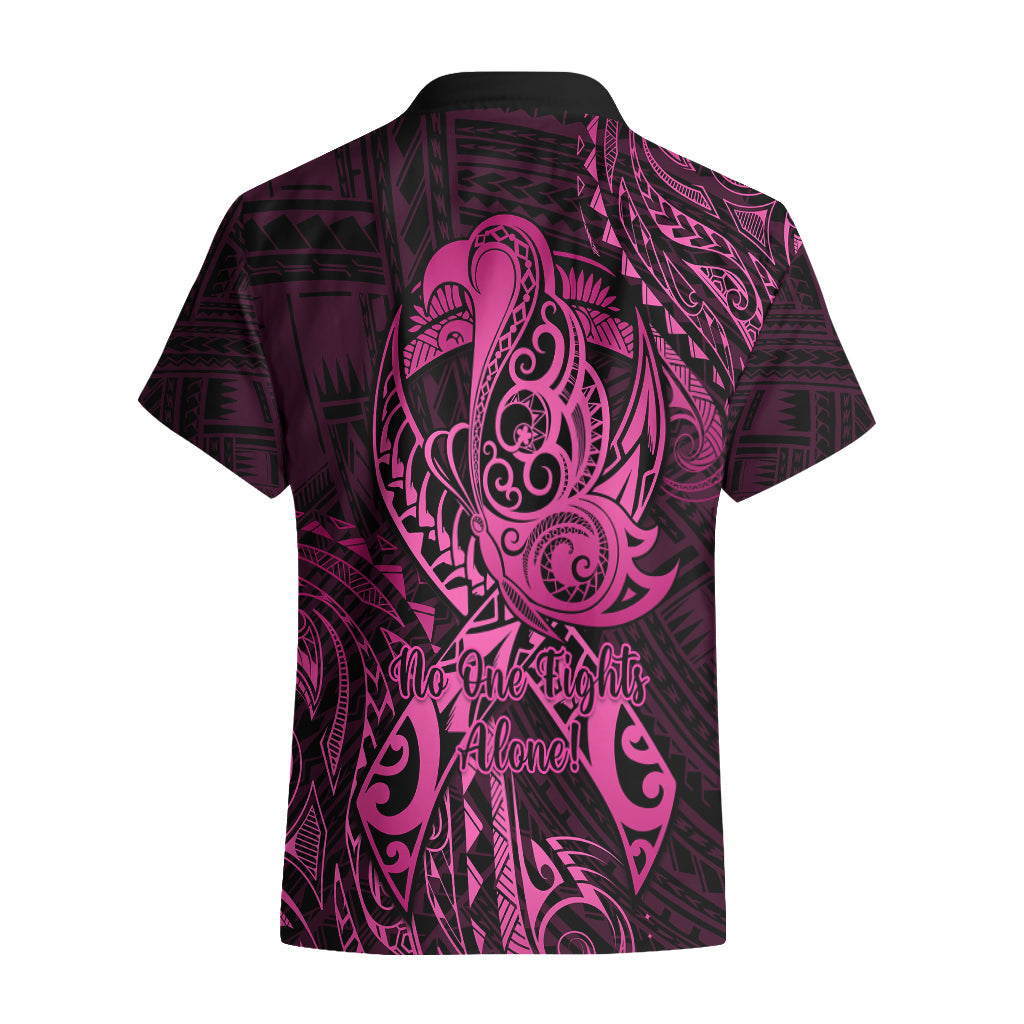 Polynesien Brustkrebs Bewusstsein Hawaiian Shirt No One Fights Alone Rosa Schleife mit Schmetterling LT14