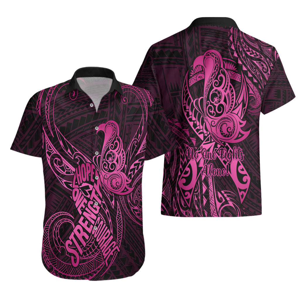 Polynesien Brustkrebs Bewusstsein Hawaiian Shirt No One Fights Alone Rosa Schleife mit Schmetterling LT14