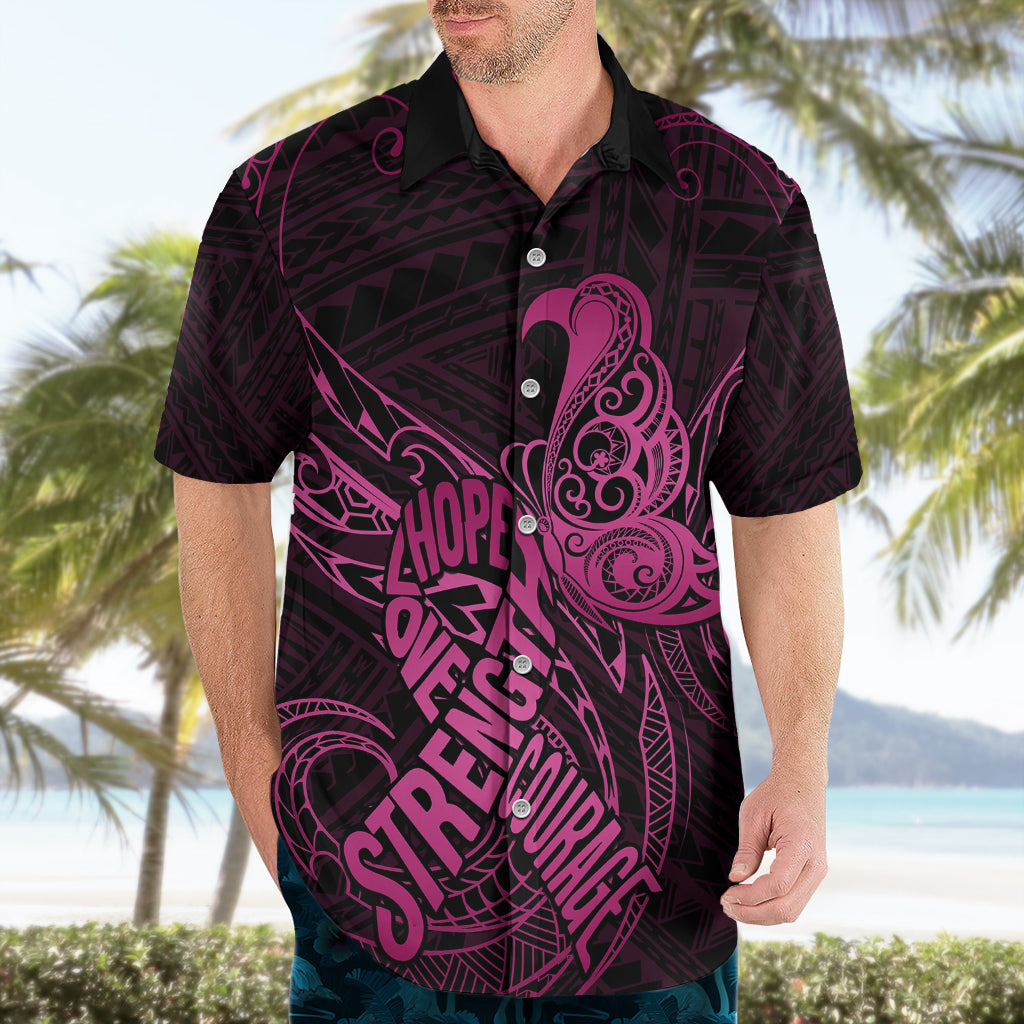 Polynesien Brustkrebs Bewusstsein Hawaiian Shirt No One Fights Alone Rosa Schleife mit Schmetterling LT14