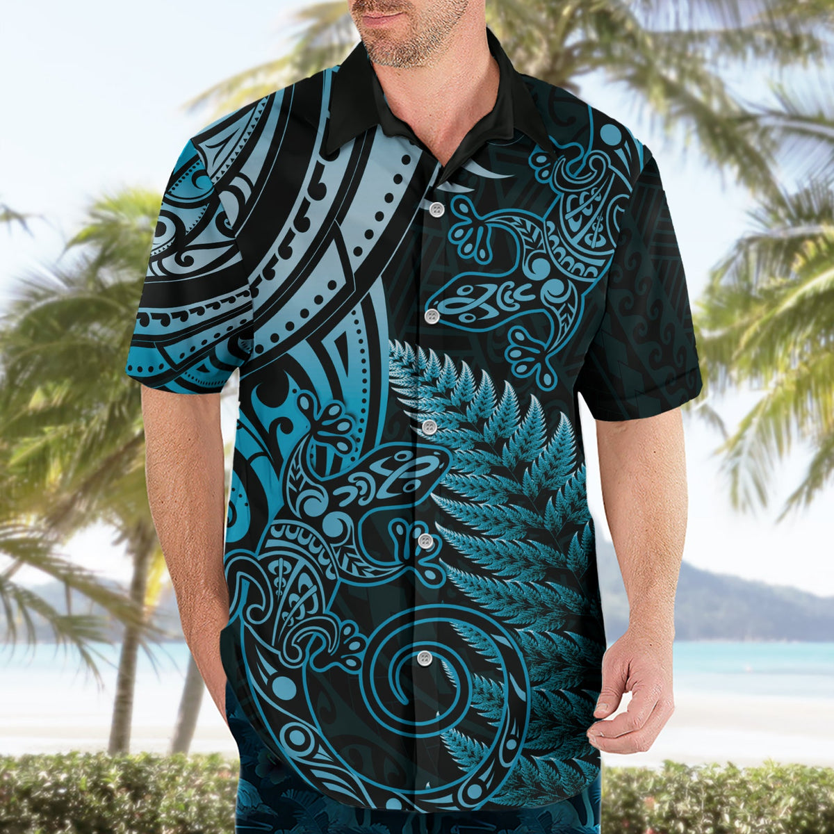 Neuseeland Eidechse Hawaiihemd Silber Farn Aotearoa Maori Blau Version LT14