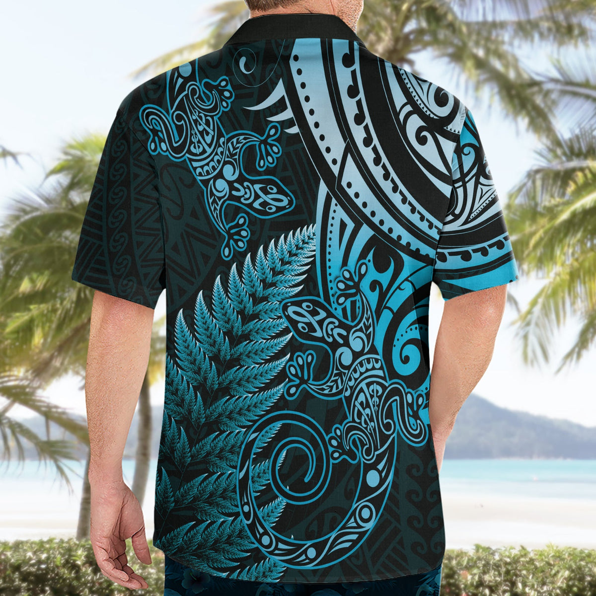 Neuseeland Eidechse Hawaiihemd Silber Farn Aotearoa Maori Blau Version LT14