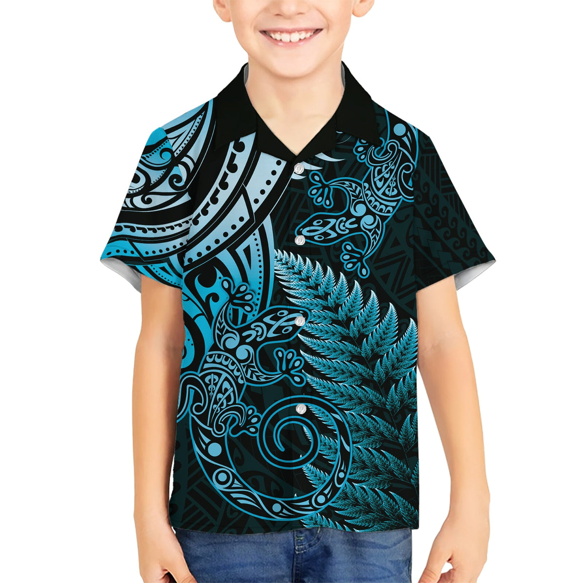 Neuseeland Eidechse Hawaiihemd Silber Farn Aotearoa Maori Blau Version LT14