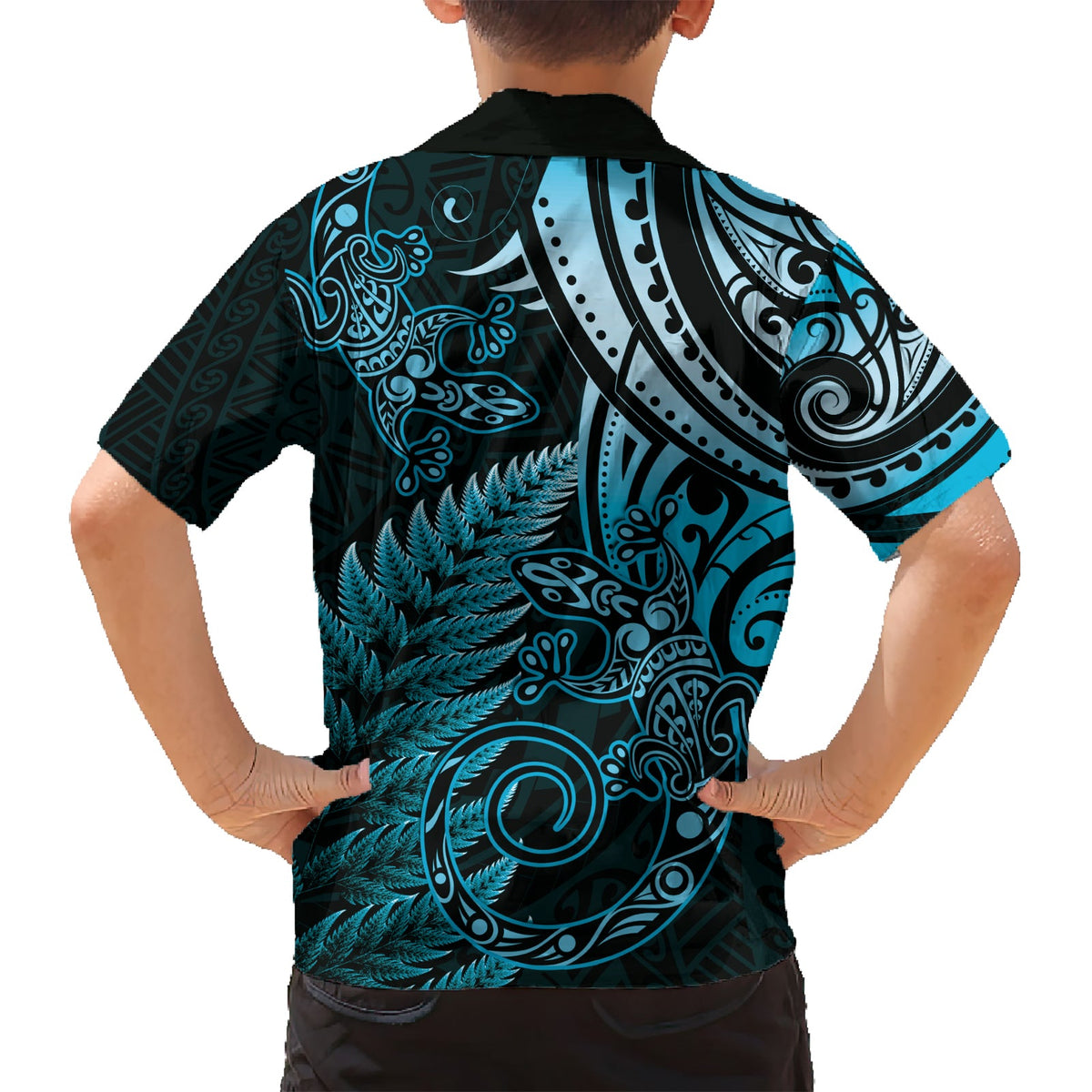 Neuseeland Eidechse Hawaiihemd Silber Farn Aotearoa Maori Blau Version LT14