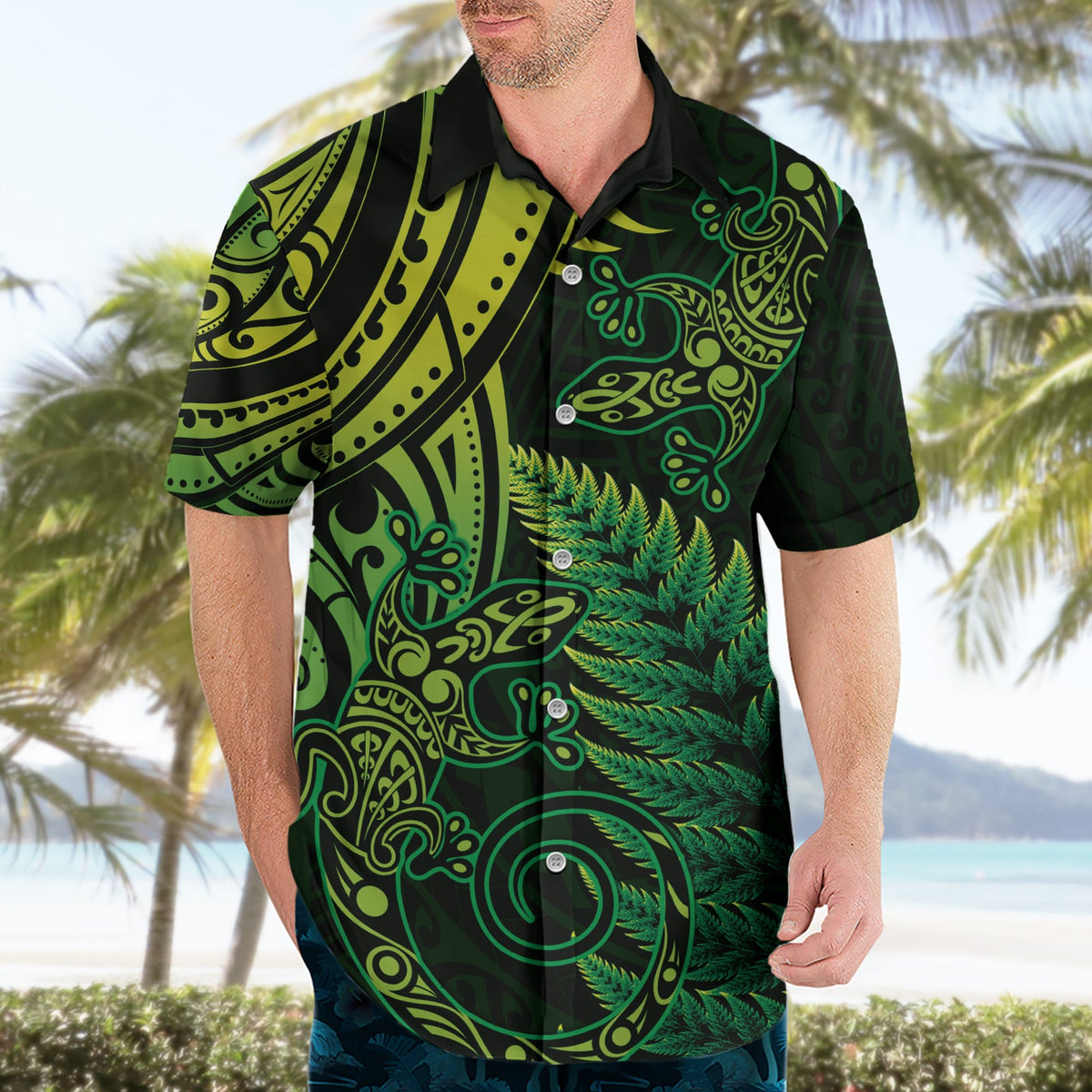Neuseeland Eidechse Hawaiihemd Silber Farn Aotearoa Maori Grüne Version LT14