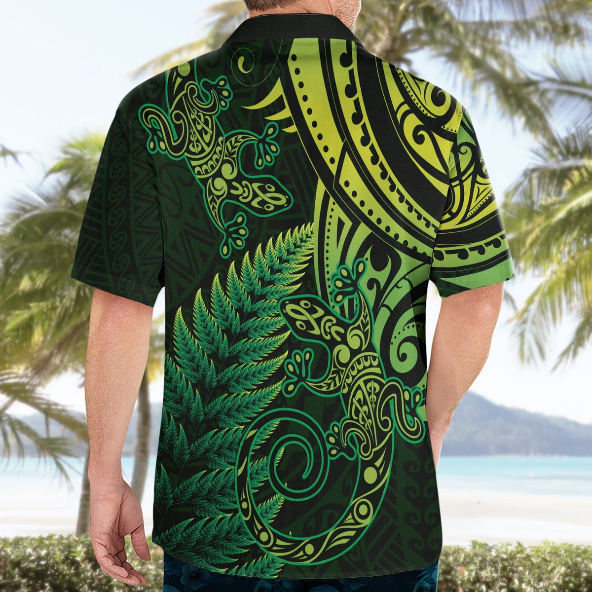 Neuseeland Eidechse Hawaiihemd Silber Farn Aotearoa Maori Grüne Version LT14