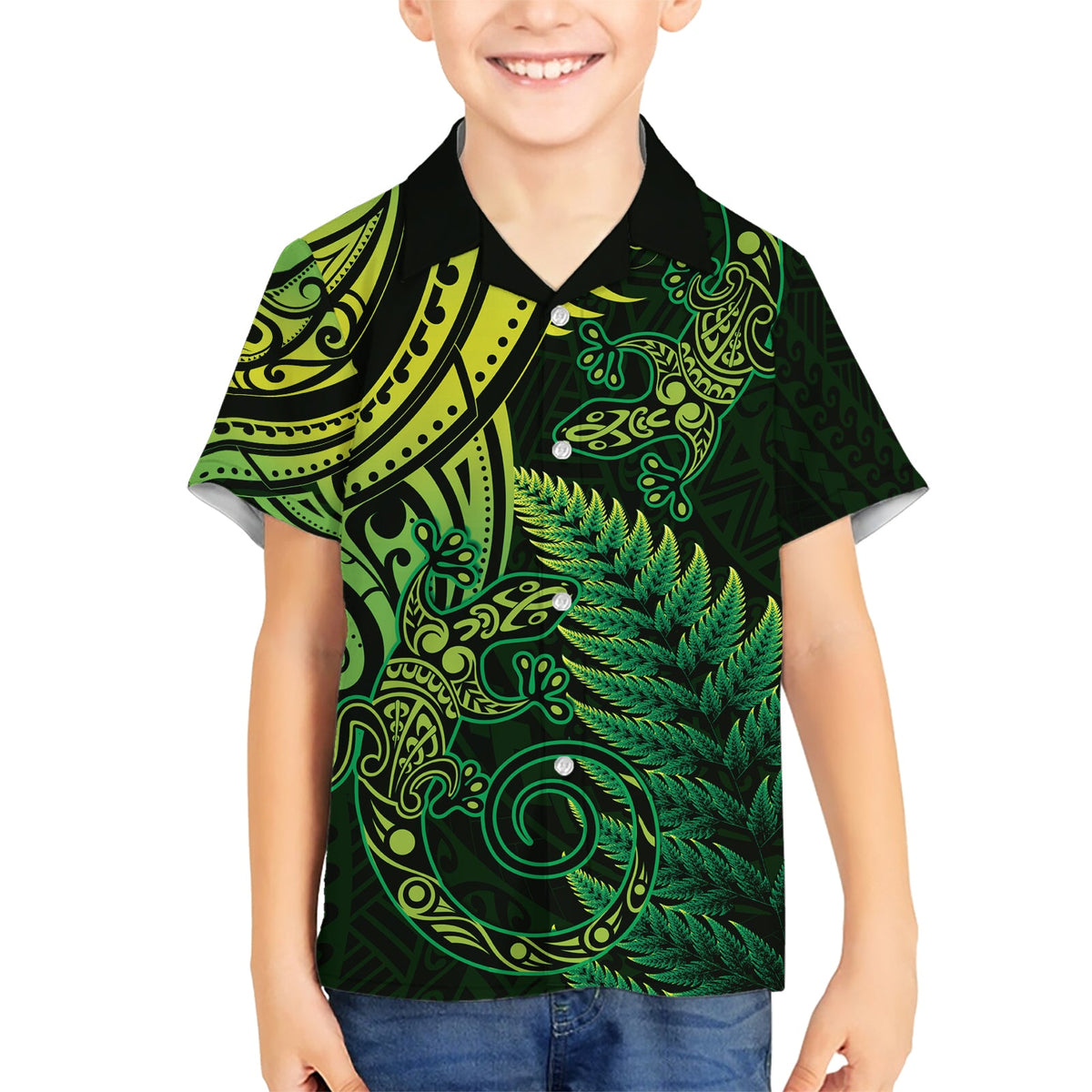 Neuseeland Eidechse Hawaiihemd Silber Farn Aotearoa Maori Grüne Version LT14