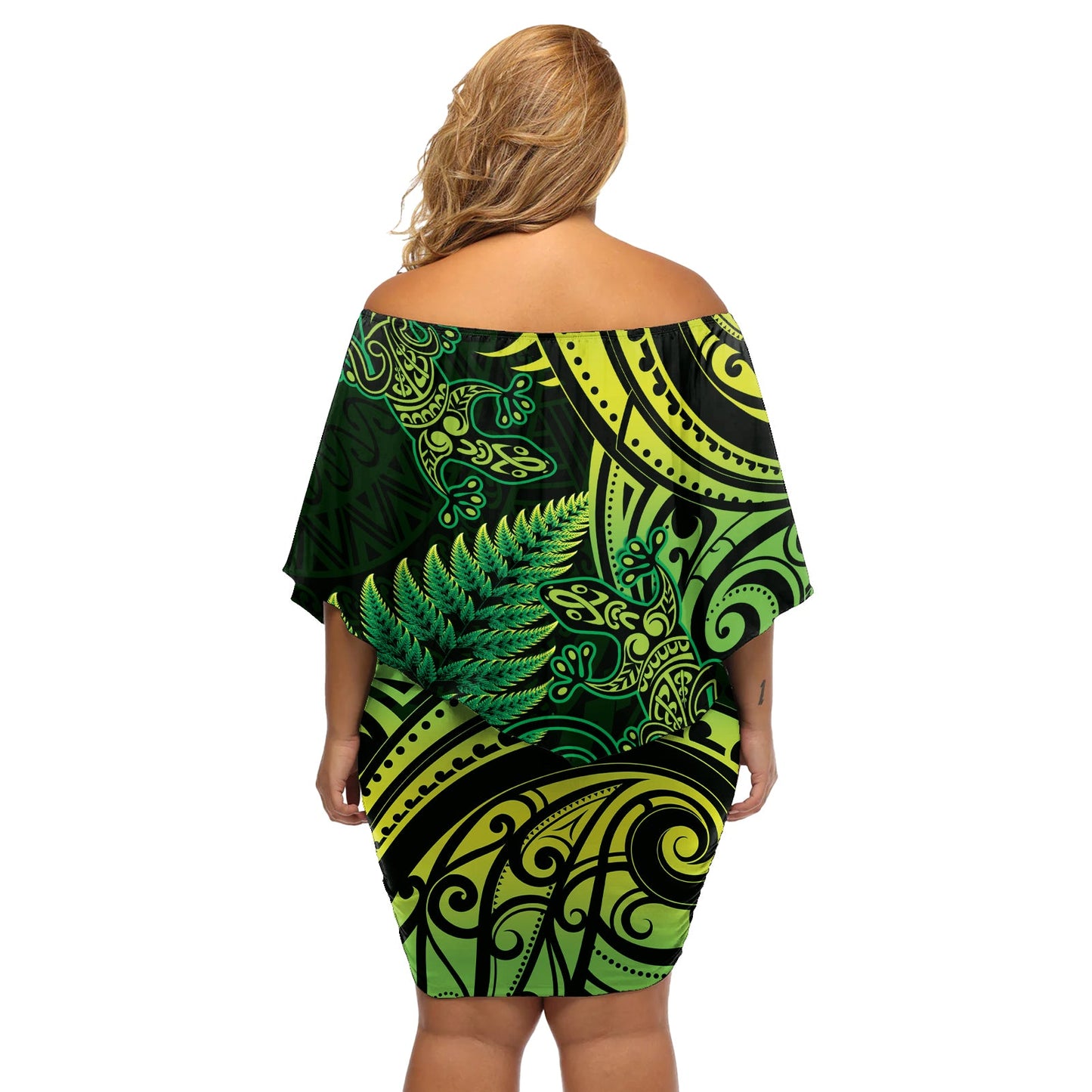 Neuseeland Eidechse Off Schulter kurzes Kleid blumen Silber Farn Aotearoa Maori grüne Version LT14