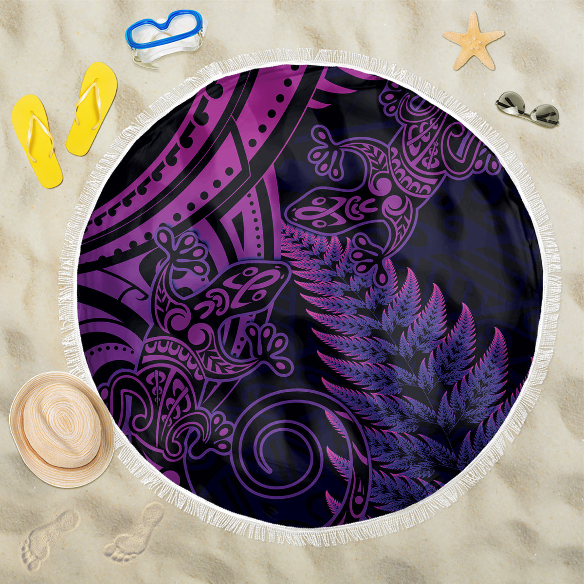 New Zealand Lizard Beach Blanket Silver Fern Aotearoa Maori Purple Version