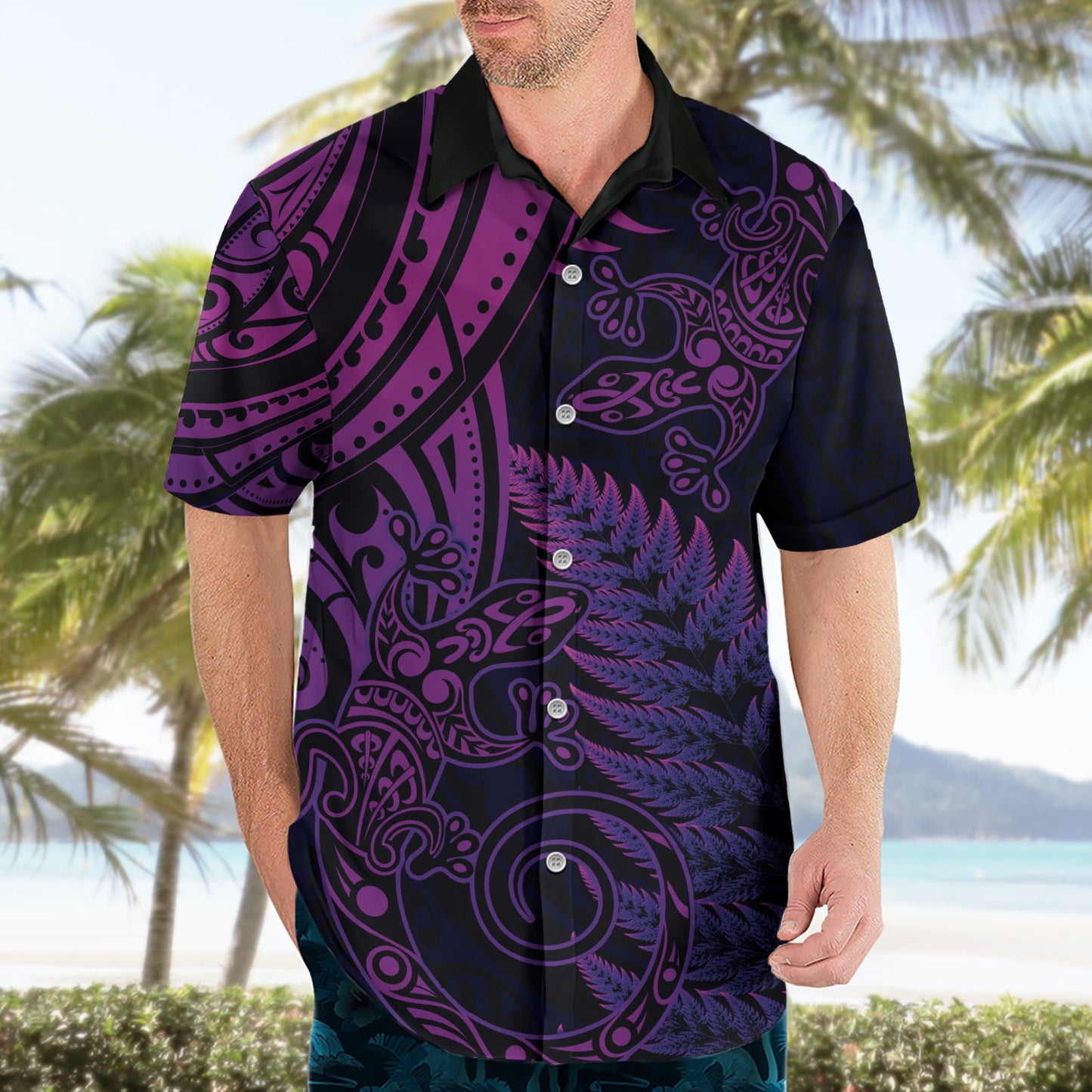 Neuseeland Eidechse Hawaiihemd Silber Farn Aotearoa Maori Lila Version LT14