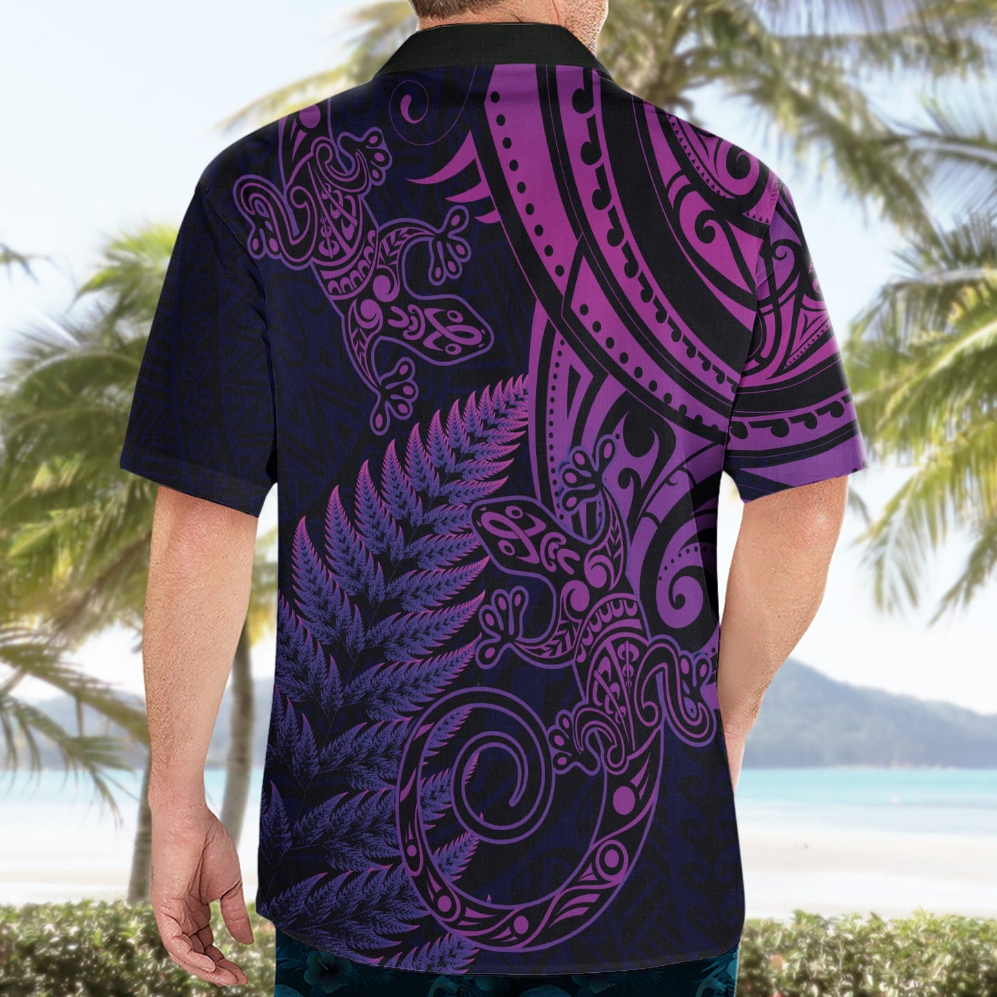 Neuseeland Eidechse Hawaiihemd Silber Farn Aotearoa Maori Lila Version LT14