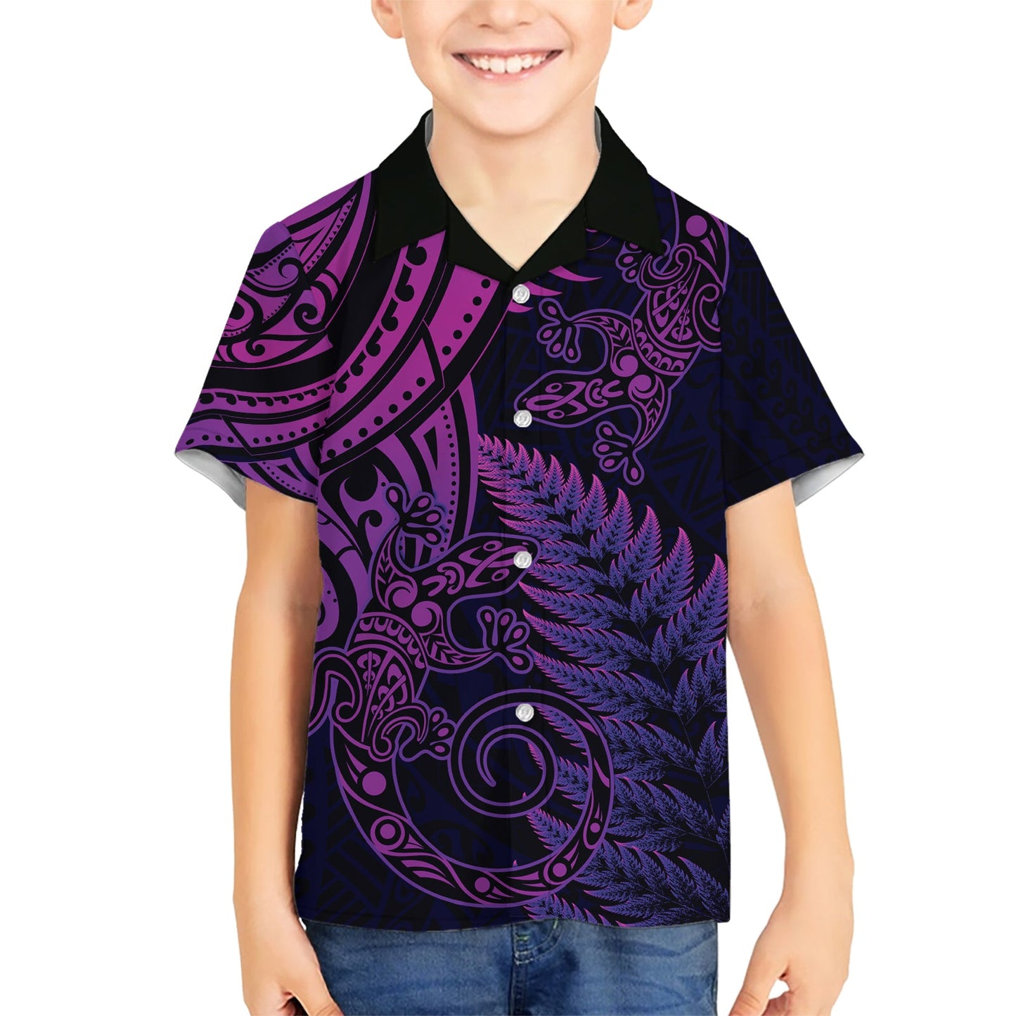 Neuseeland Eidechse Hawaiihemd Silber Farn Aotearoa Maori Lila Version LT14