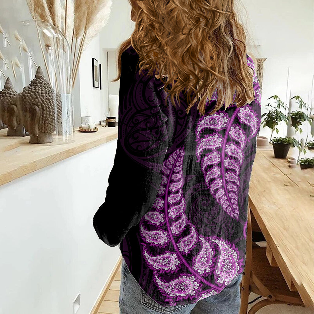 Lila Neuseeland Paisley Silber Farn Frauen Casual Shirt Aotearoa Maori LT14