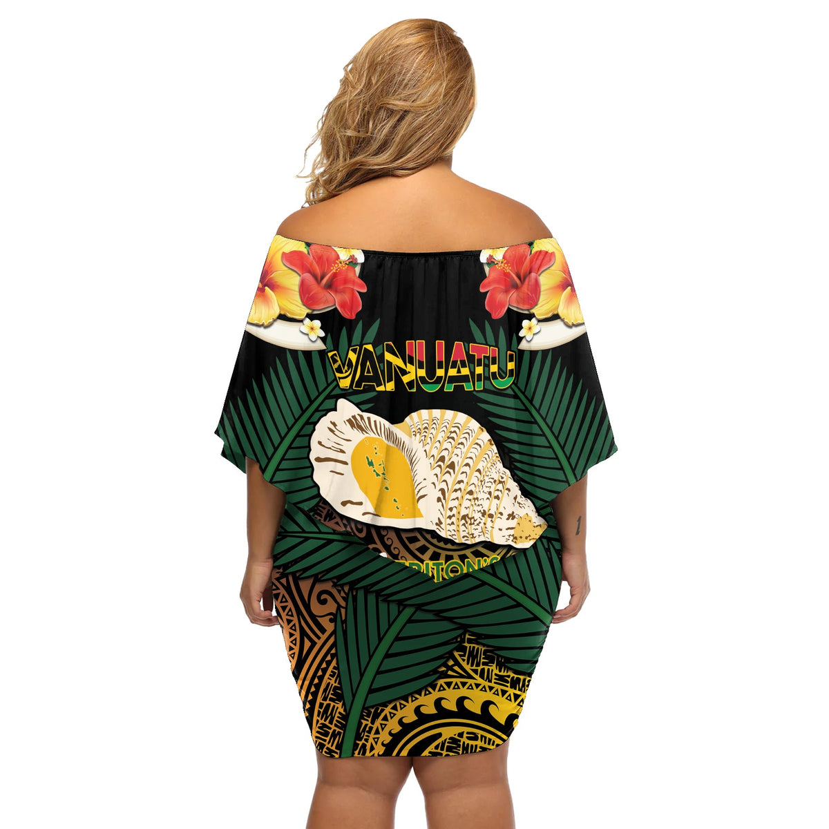 Vanuatu Tritons Trompete Off Shoulder Kurzes Kleid mit blumen Tropische Blumen Vanuatuanische Karte LT14