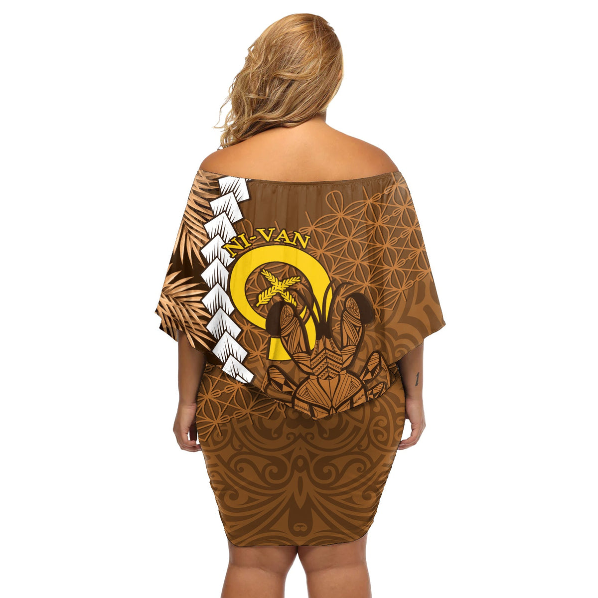Vanuatu Coconut Crab Off Shoulder Kurzes Kleid mit blumen Ni-Van Tropische Blätter mit Sand Zeichnung Kunst LT14