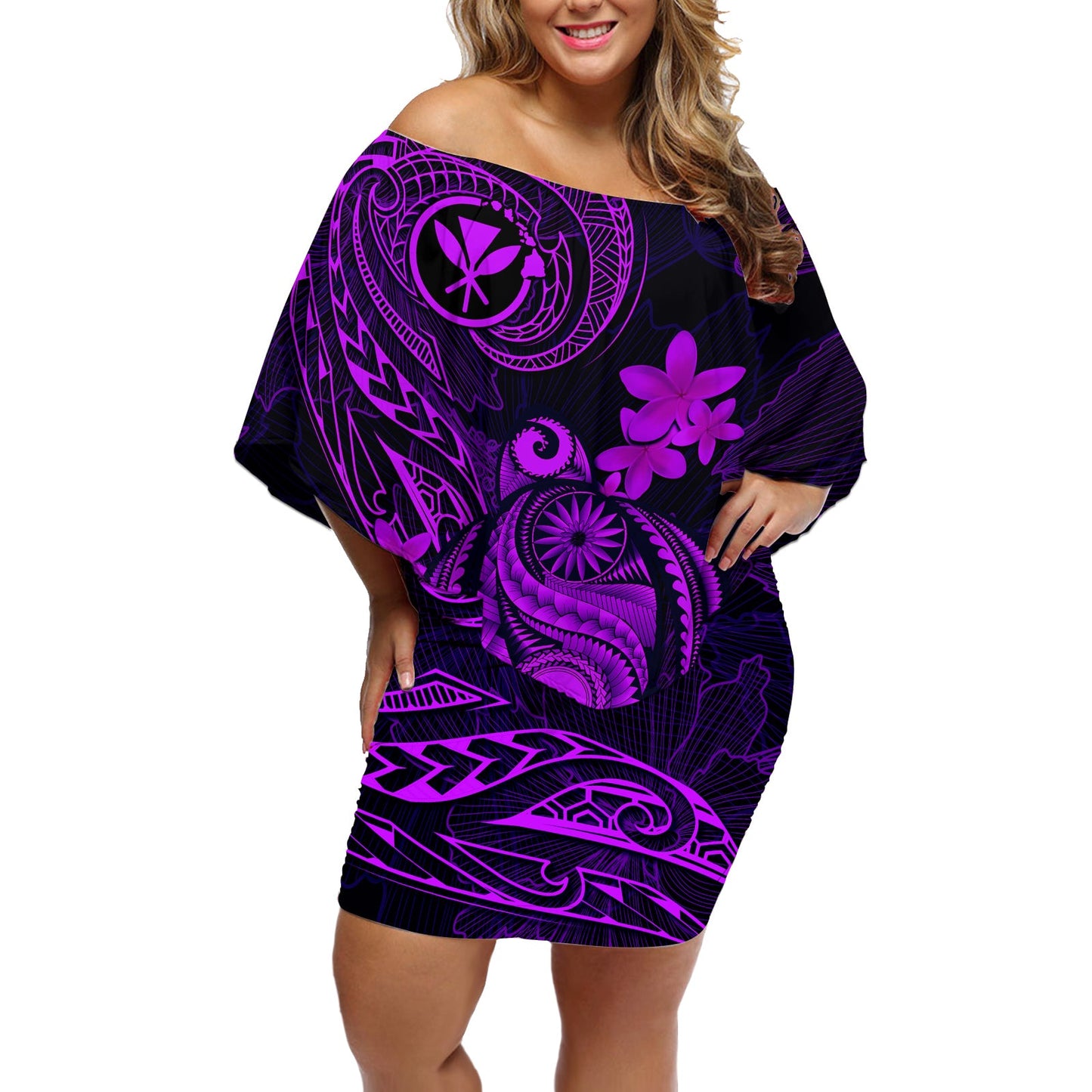 hawaii-off-shoulder-short-dress-turtle-mix-polynesian-plumeria-purple-version