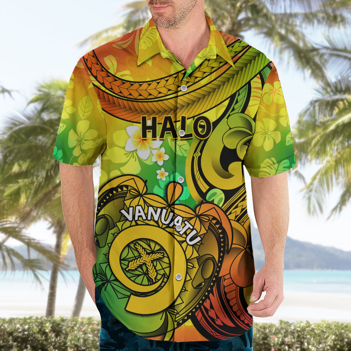 Halo Vanuatu Hawaiihemd Sandzeichnung Schildkröte polynesische tropische Blumen LT14