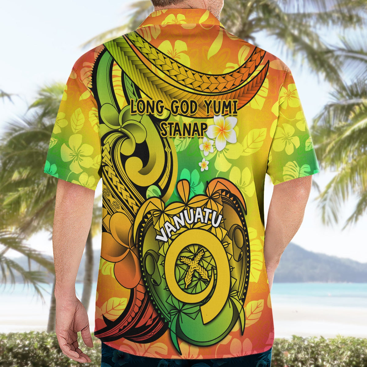Halo Vanuatu Hawaiihemd Sandzeichnung Schildkröte polynesische tropische Blumen LT14