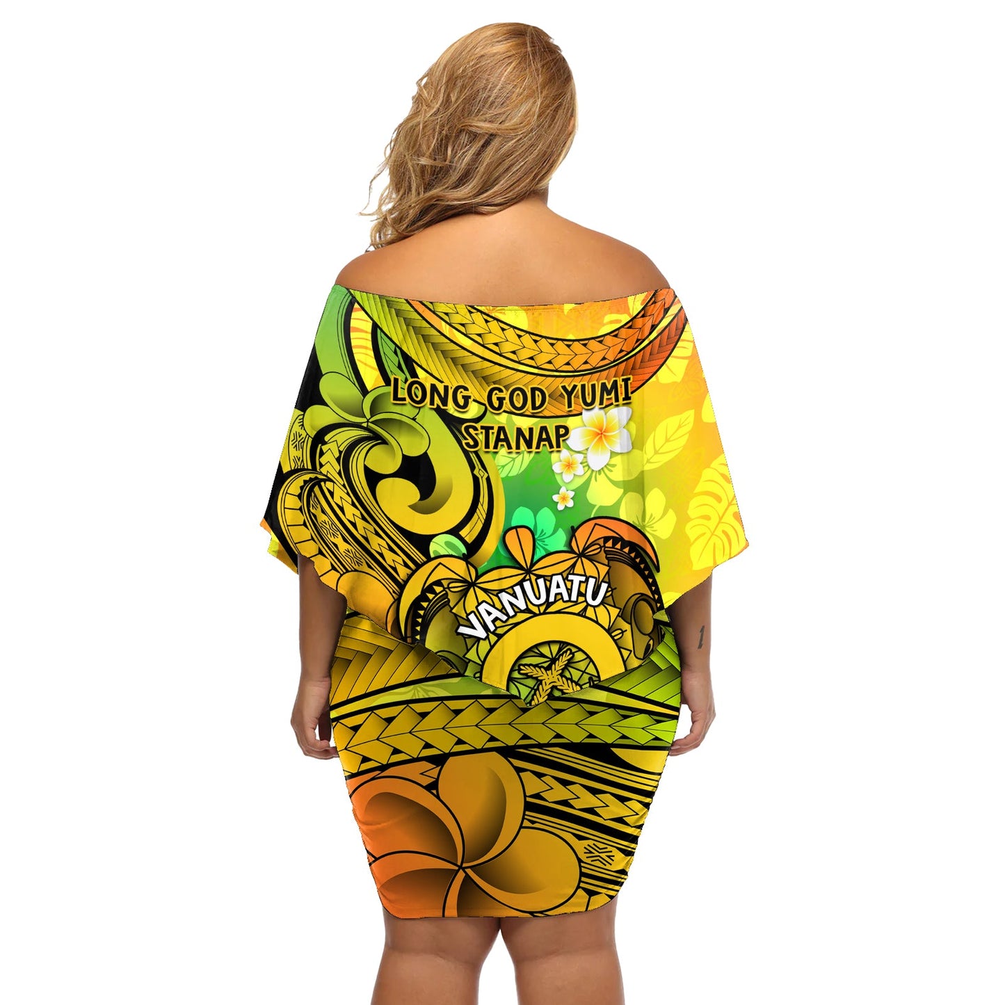 Halo Vanuatu Off Shoulder Kurzes Kleid blumen Sand Zeichnung Schildkröte Polynesische Tropische Blumen LT14
