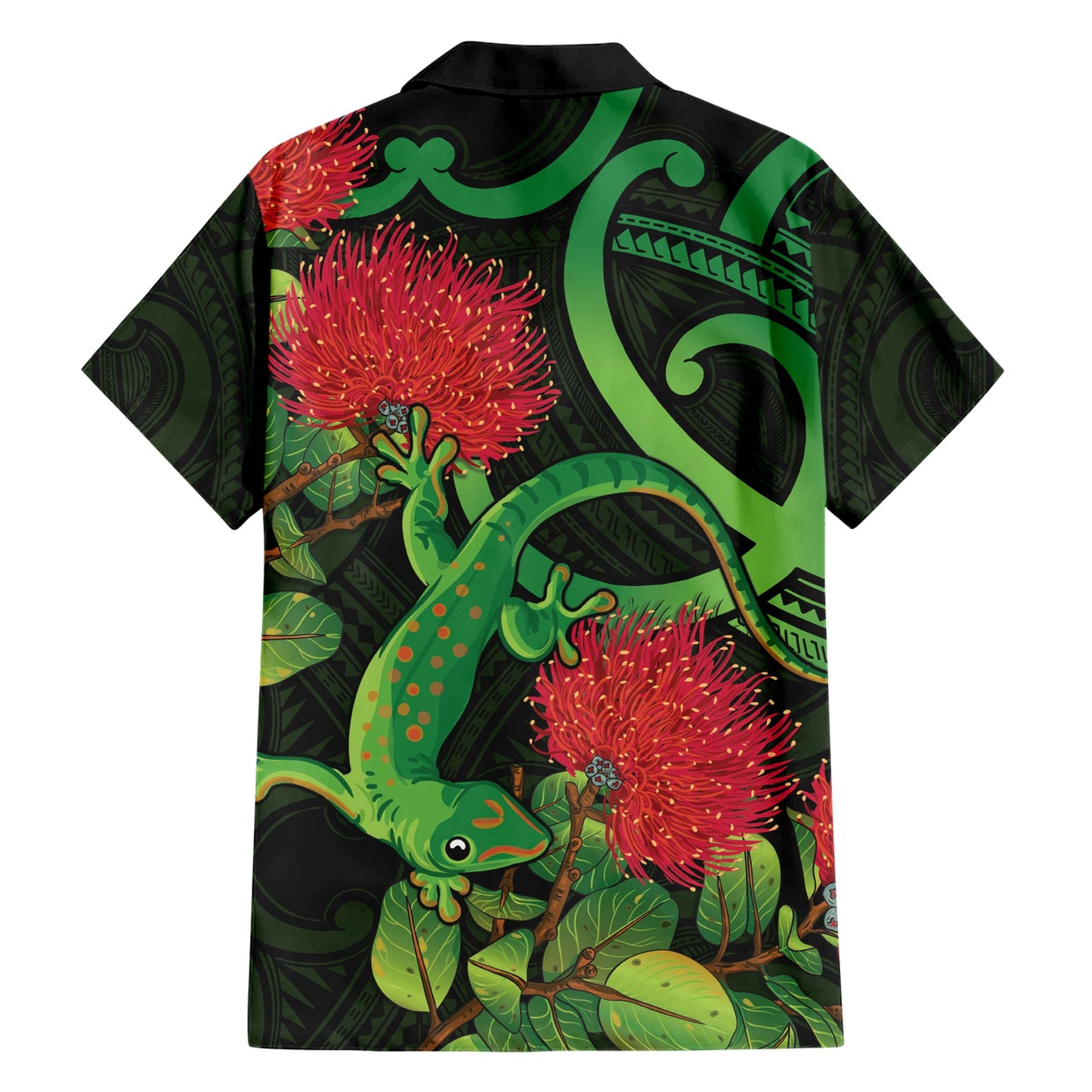 Neuseeland Gecko Hawaiihemd Aotearoa Maori mit Pohutukawa Blumen LT14