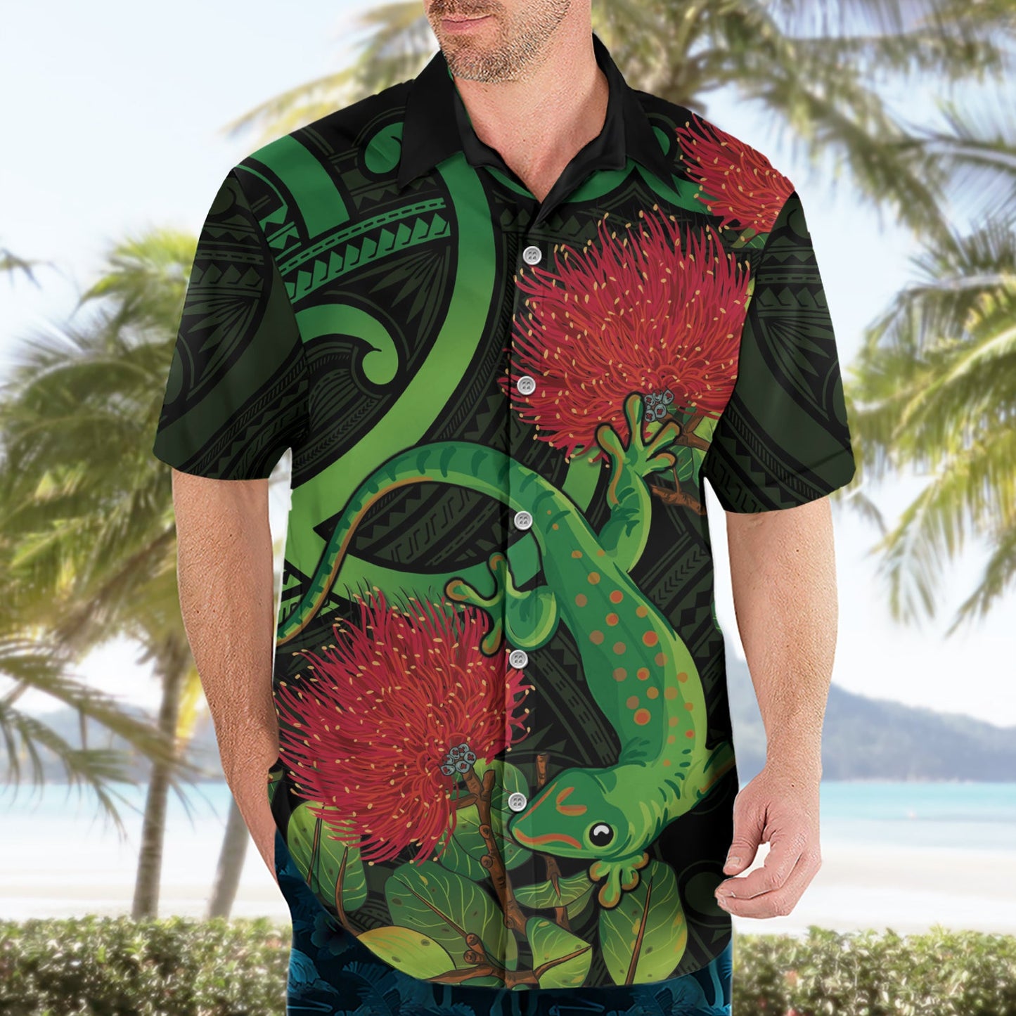 Neuseeland Gecko Hawaiihemd Aotearoa Maori mit Pohutukawa Blumen LT14