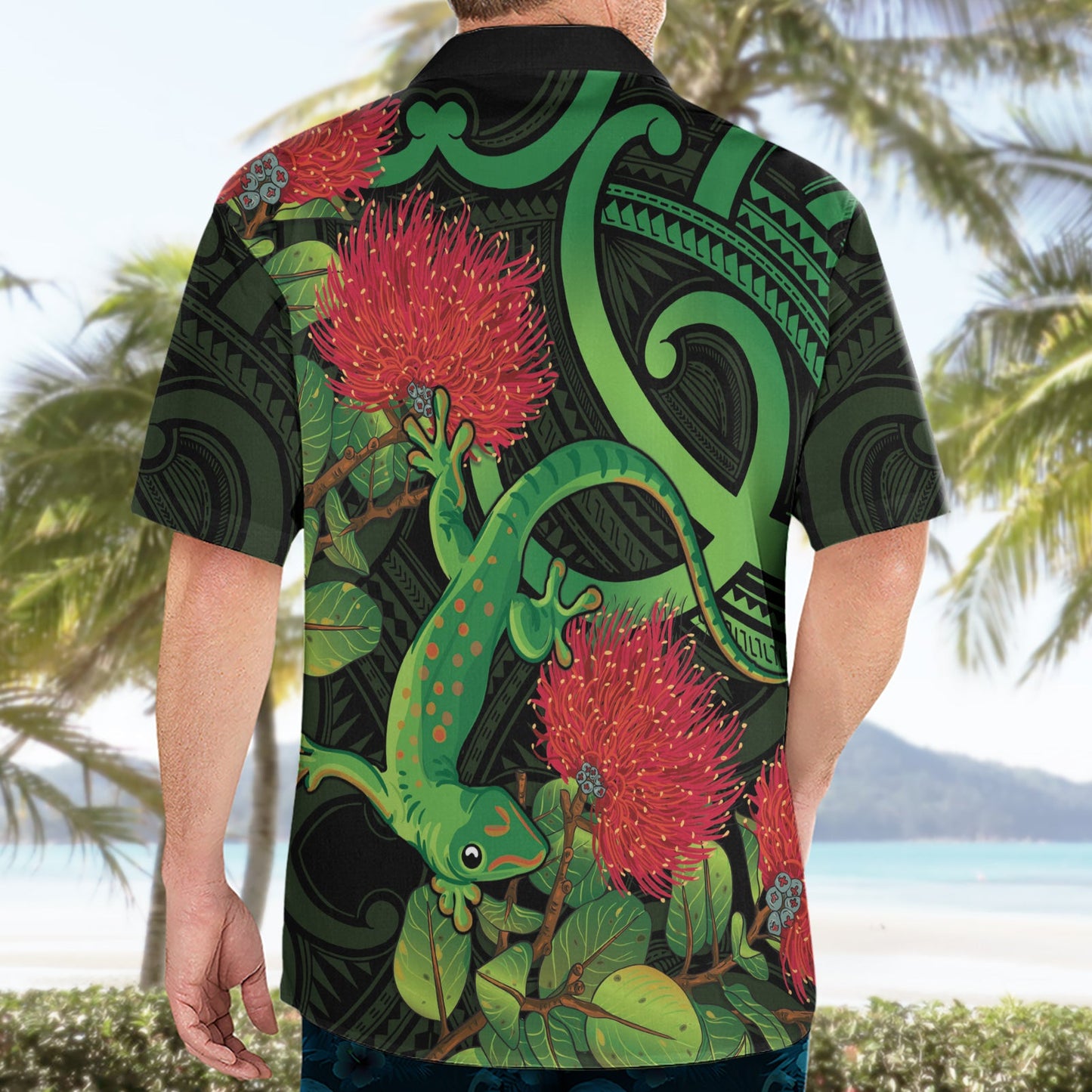Neuseeland Gecko Hawaiihemd Aotearoa Maori mit Pohutukawa Blumen LT14