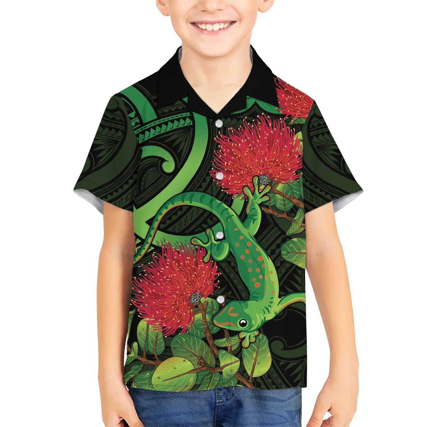 Neuseeland Gecko Hawaiihemd Aotearoa Maori mit Pohutukawa Blumen LT14