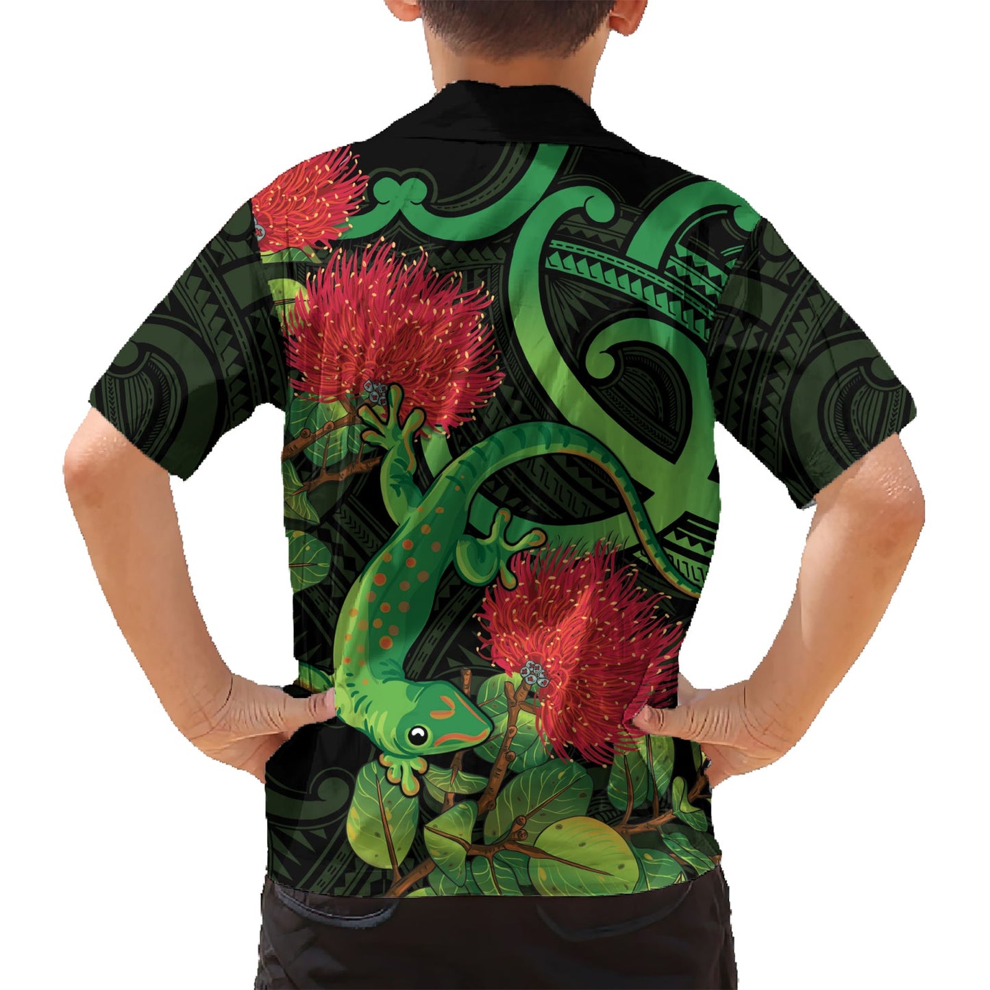 Neuseeland Gecko Hawaiihemd Aotearoa Maori mit Pohutukawa Blumen LT14