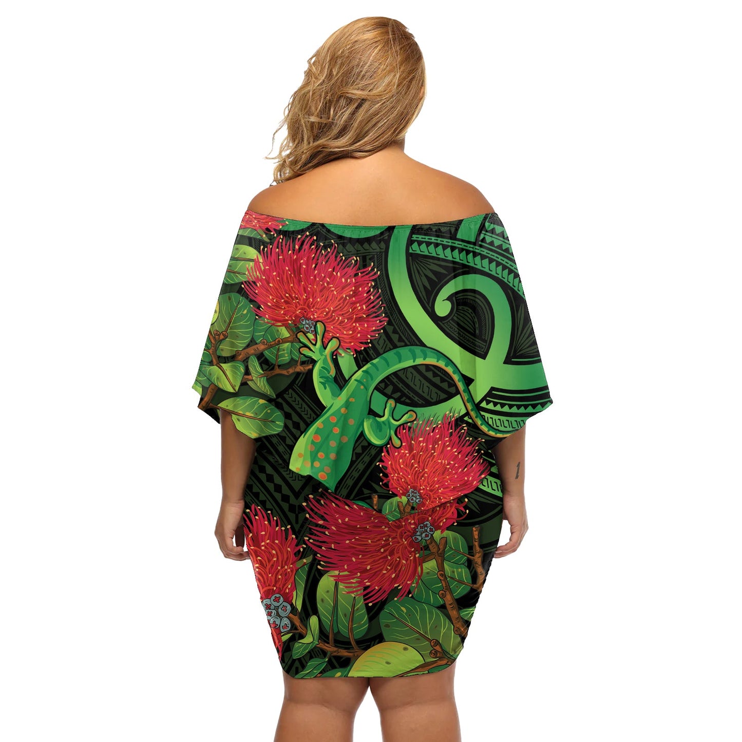 Neuseeland Gecko Off Shoulder Kurzes Kleid mit blumen Aotearoa Maori mit Pohutukawa Blumen LT14