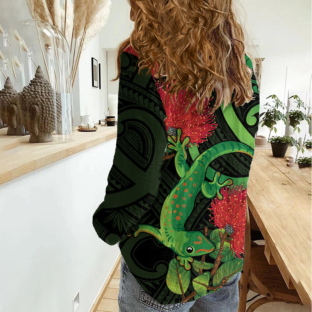 Neuseeland Gecko Frauen Casual Shirt Aotearoa Maori mit Pohutukawa Blumen LT14