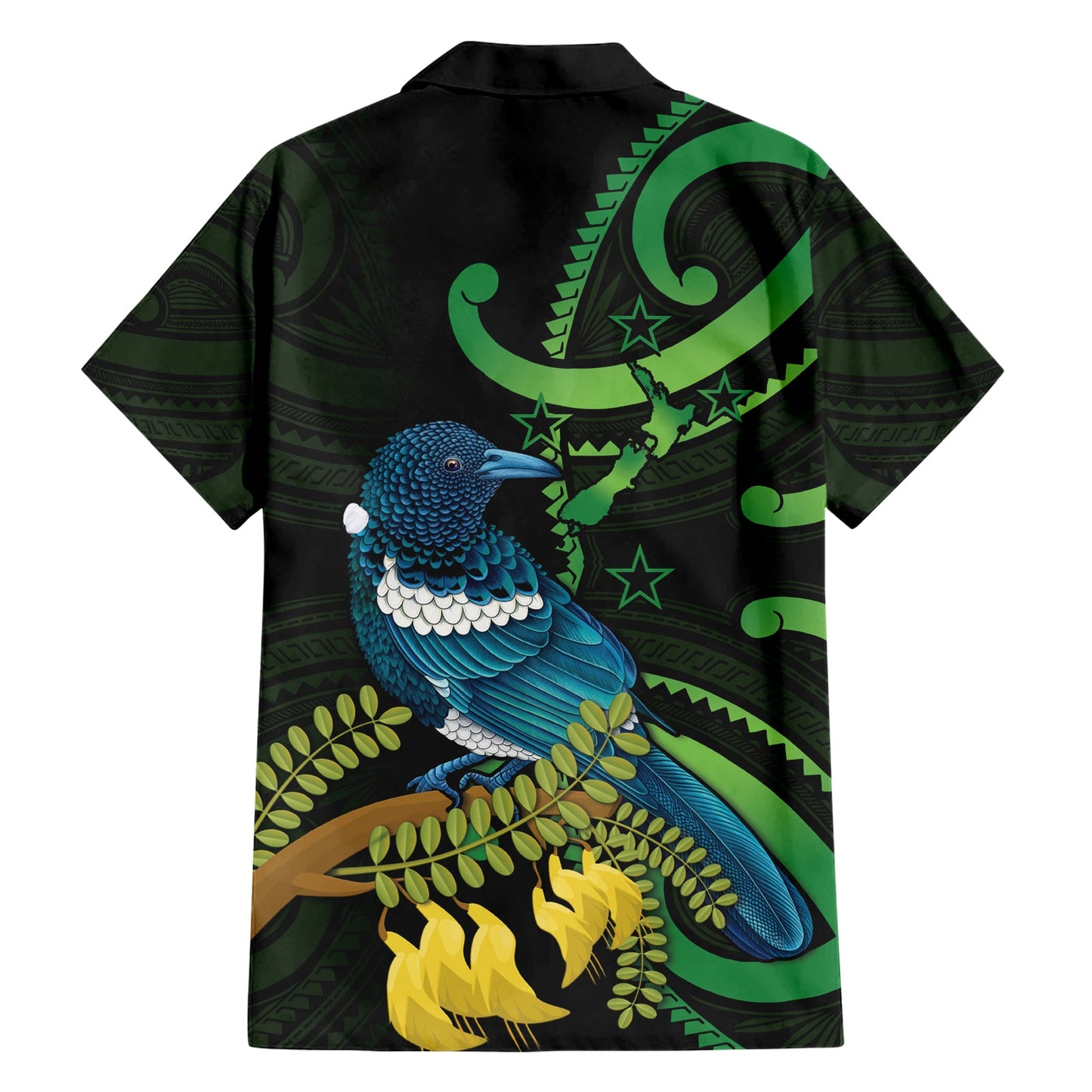 Neuseeland Tui Vogel Hawaiian Shirt Aotearoa Maori mit Kowhai Blumen LT14
