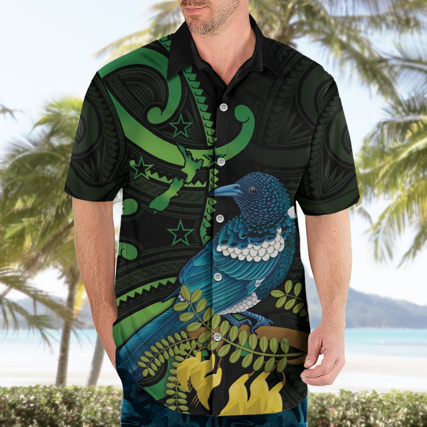 Neuseeland Tui Vogel Hawaiian Shirt Aotearoa Maori mit Kowhai Blumen LT14