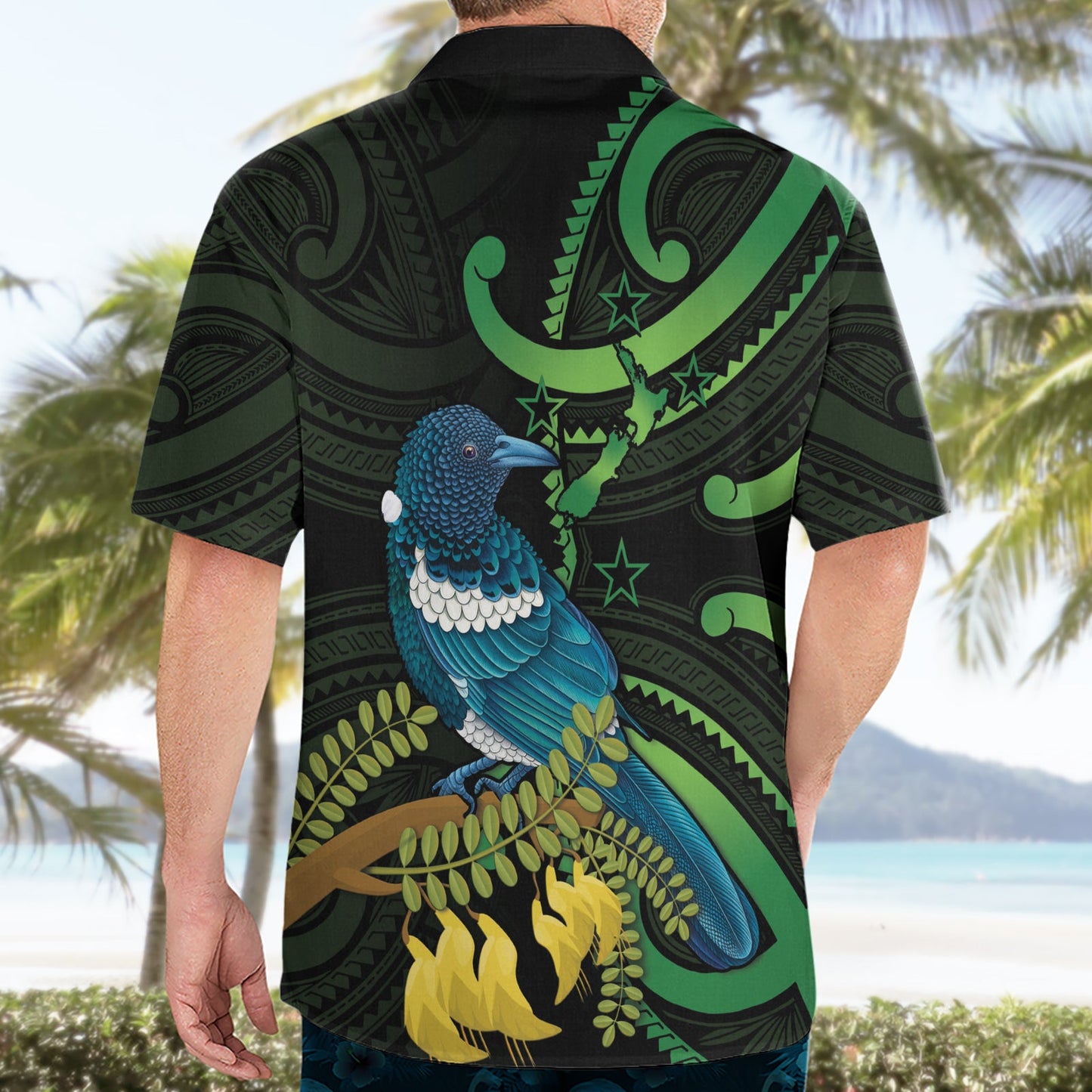 Neuseeland Tui Vogel Hawaiian Shirt Aotearoa Maori mit Kowhai Blumen LT14