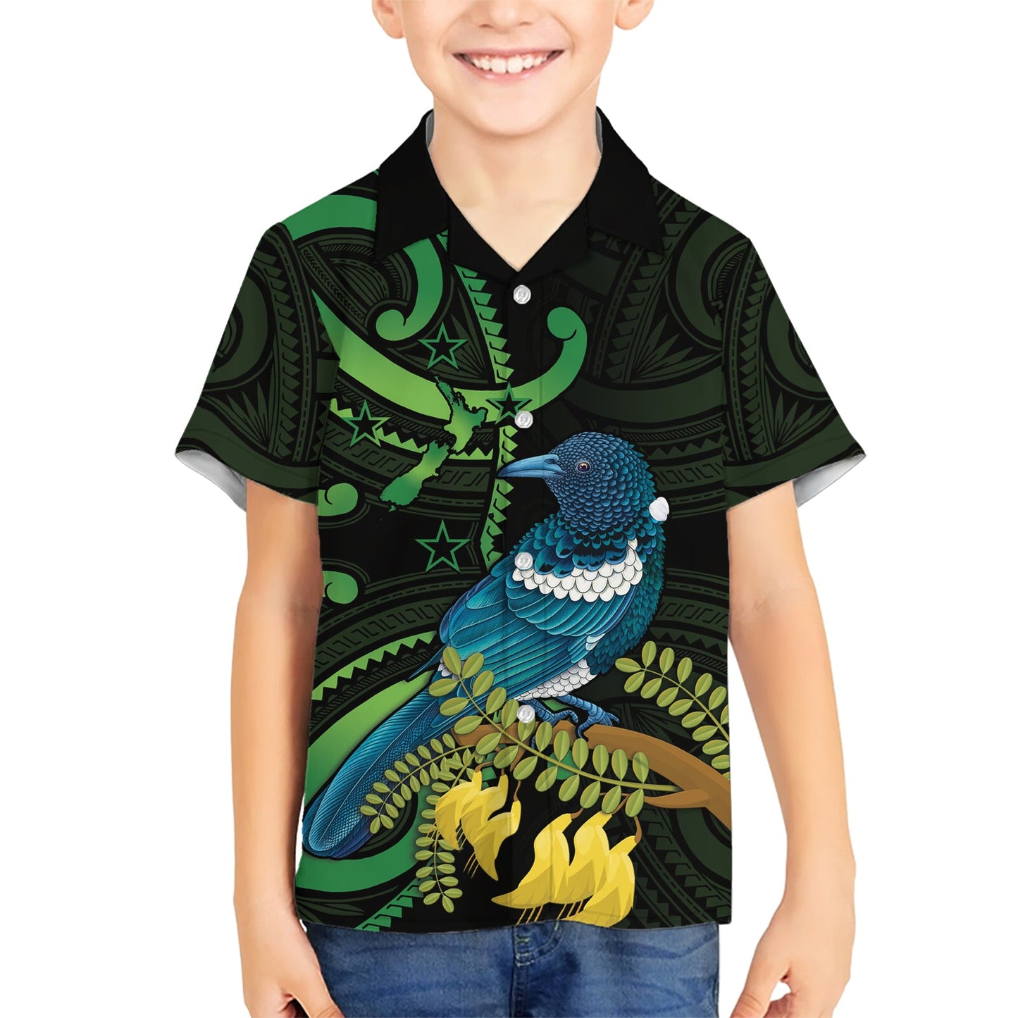 Neuseeland Tui Vogel Hawaiian Shirt Aotearoa Maori mit Kowhai Blumen LT14