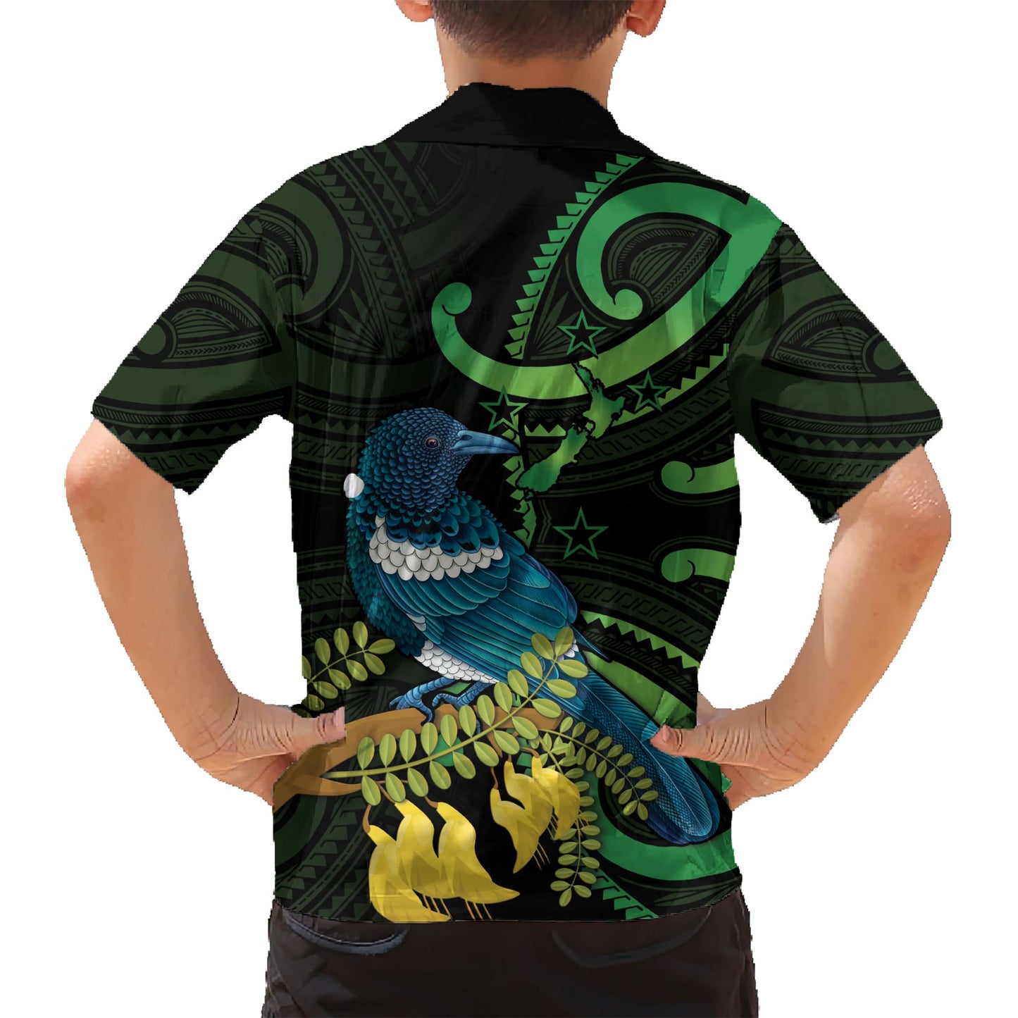 Neuseeland Tui Vogel Hawaiian Shirt Aotearoa Maori mit Kowhai Blumen LT14