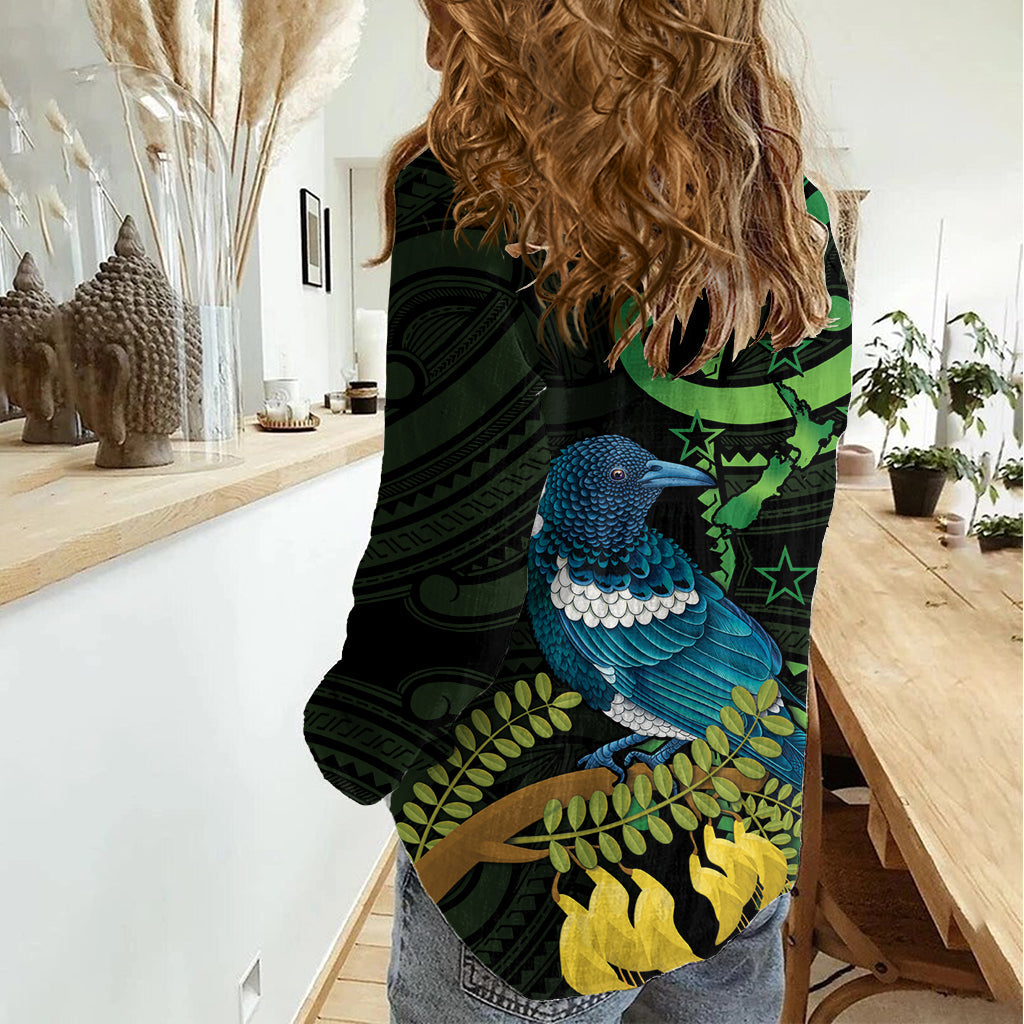 Neuseeland Tui Vogel Frauen Casual Shirt Aotearoa Maori mit Kowhai Blumen LT14
