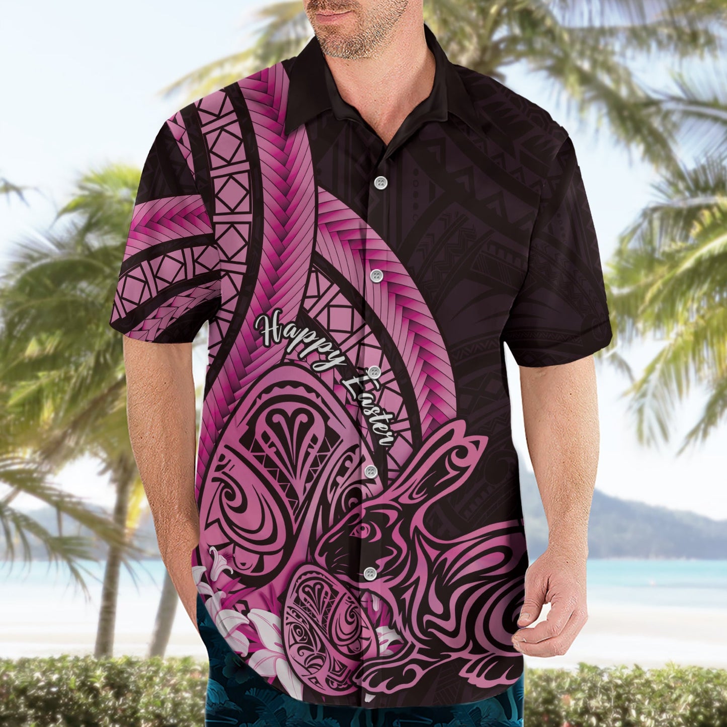 Rosa Polynesien Ostern Hawaiihemd Eier mit Hase polynesischen Muster LT14