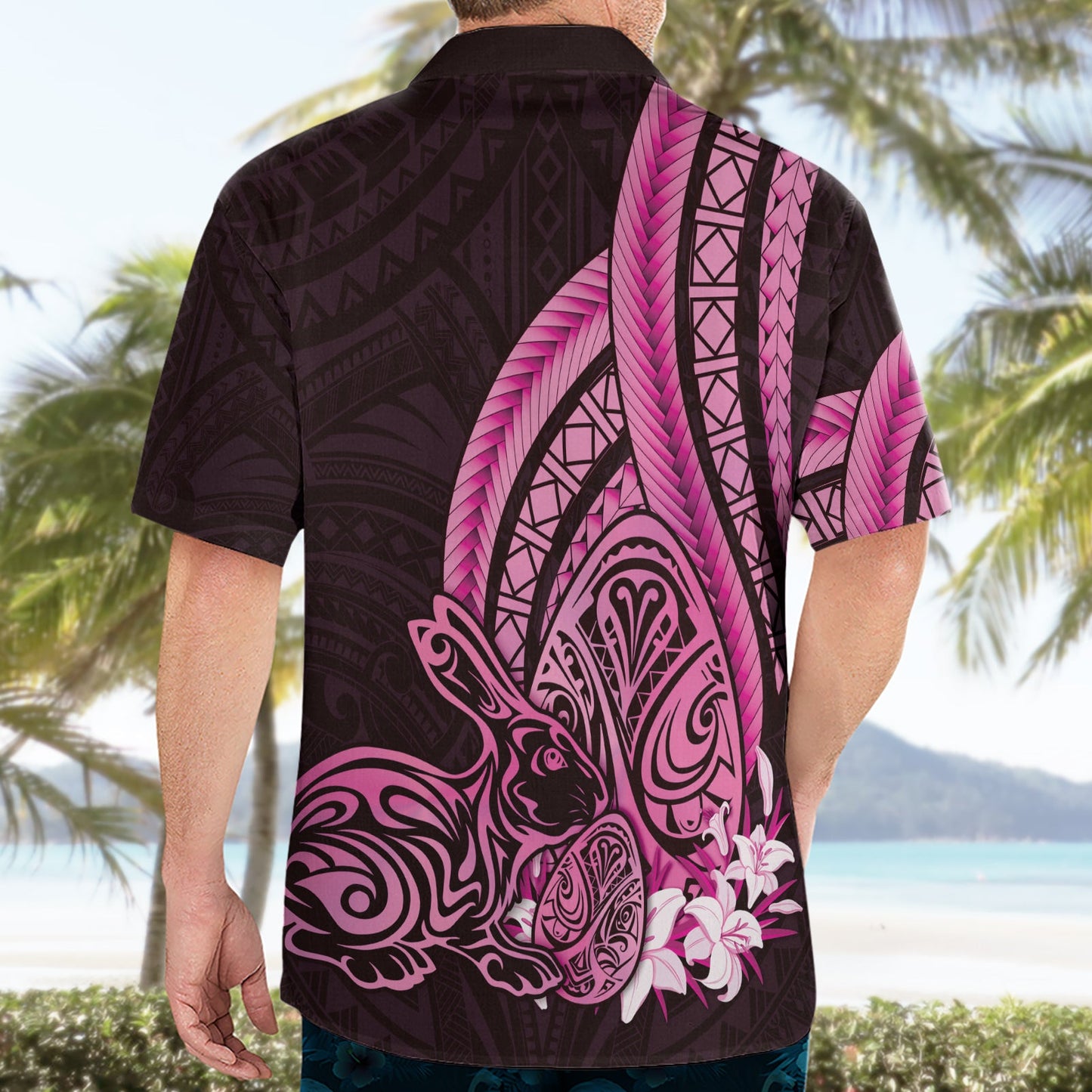 Rosa Polynesien Ostern Hawaiihemd Eier mit Hase polynesischen Muster LT14