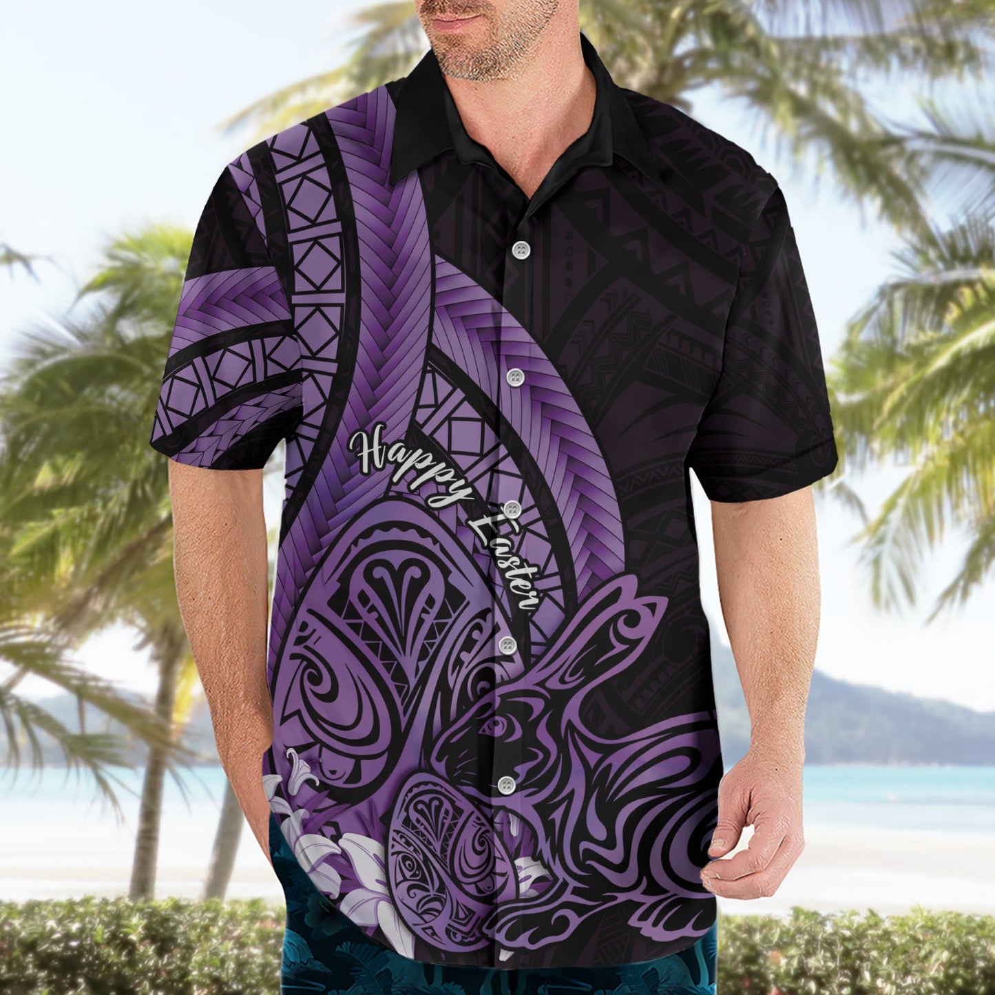 Lila Polynesien Ostern Hawaiihemd Eier mit Hase polynesischen Muster LT14