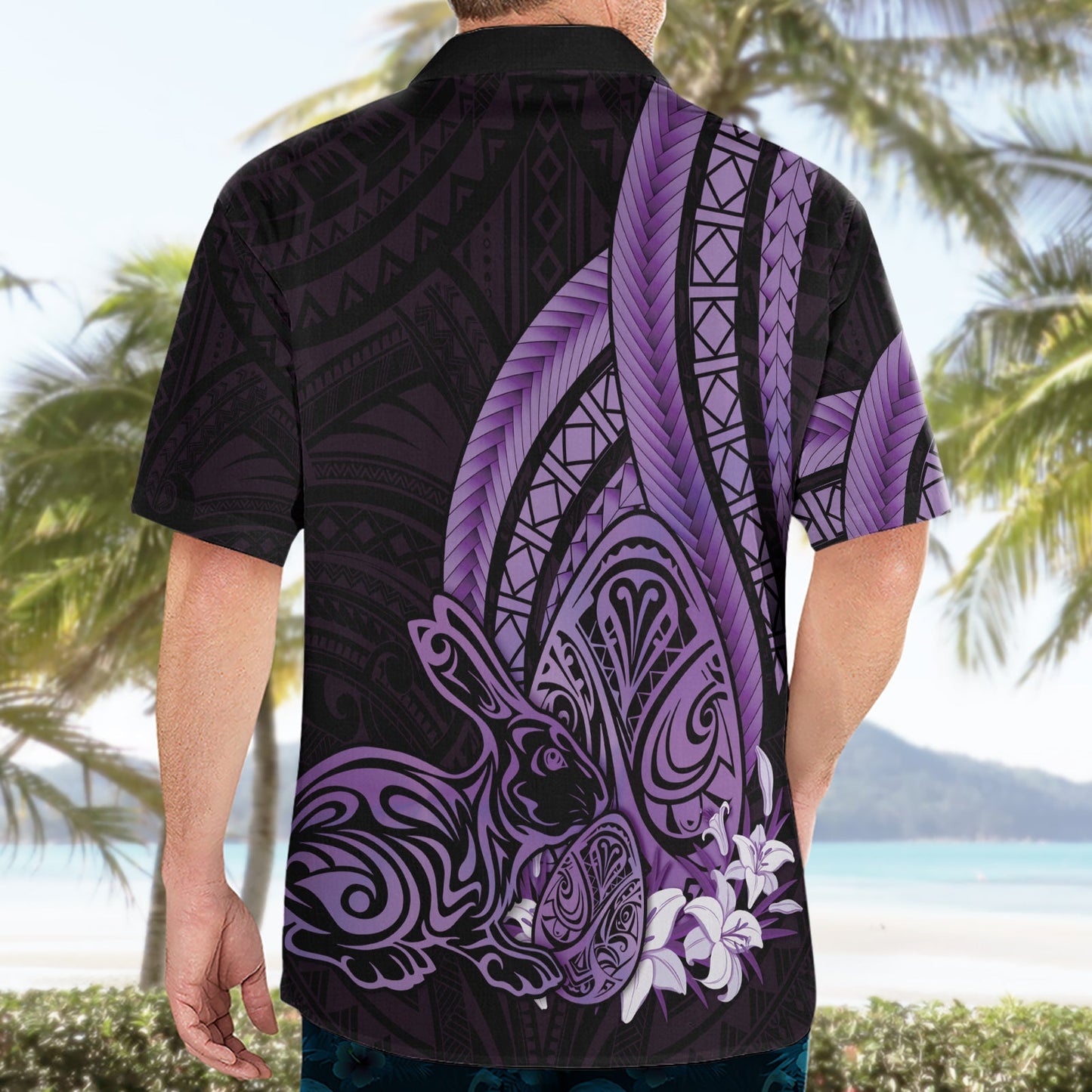 Lila Polynesien Ostern Hawaiihemd Eier mit Hase polynesischen Muster LT14