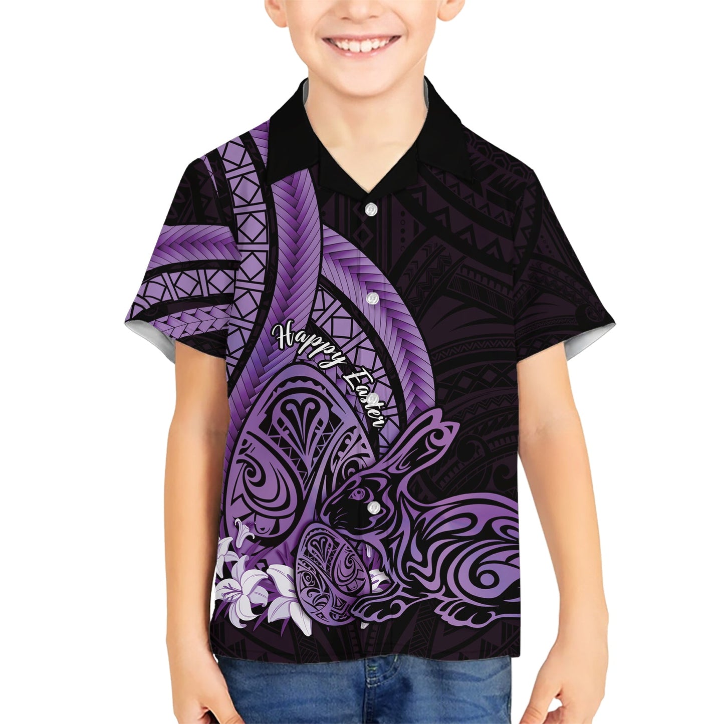 Lila Polynesien Ostern Hawaiihemd Eier mit Hase polynesischen Muster LT14