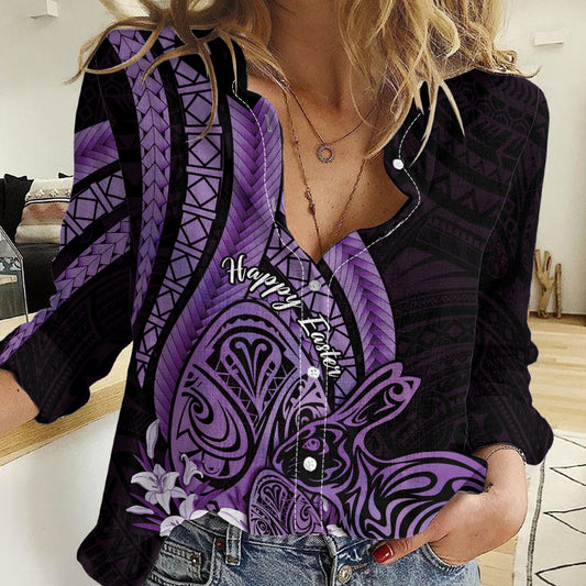 Purple Polynesia Easter Day Women Casual Shirt Eggs With Bunny Polynesian Pattern