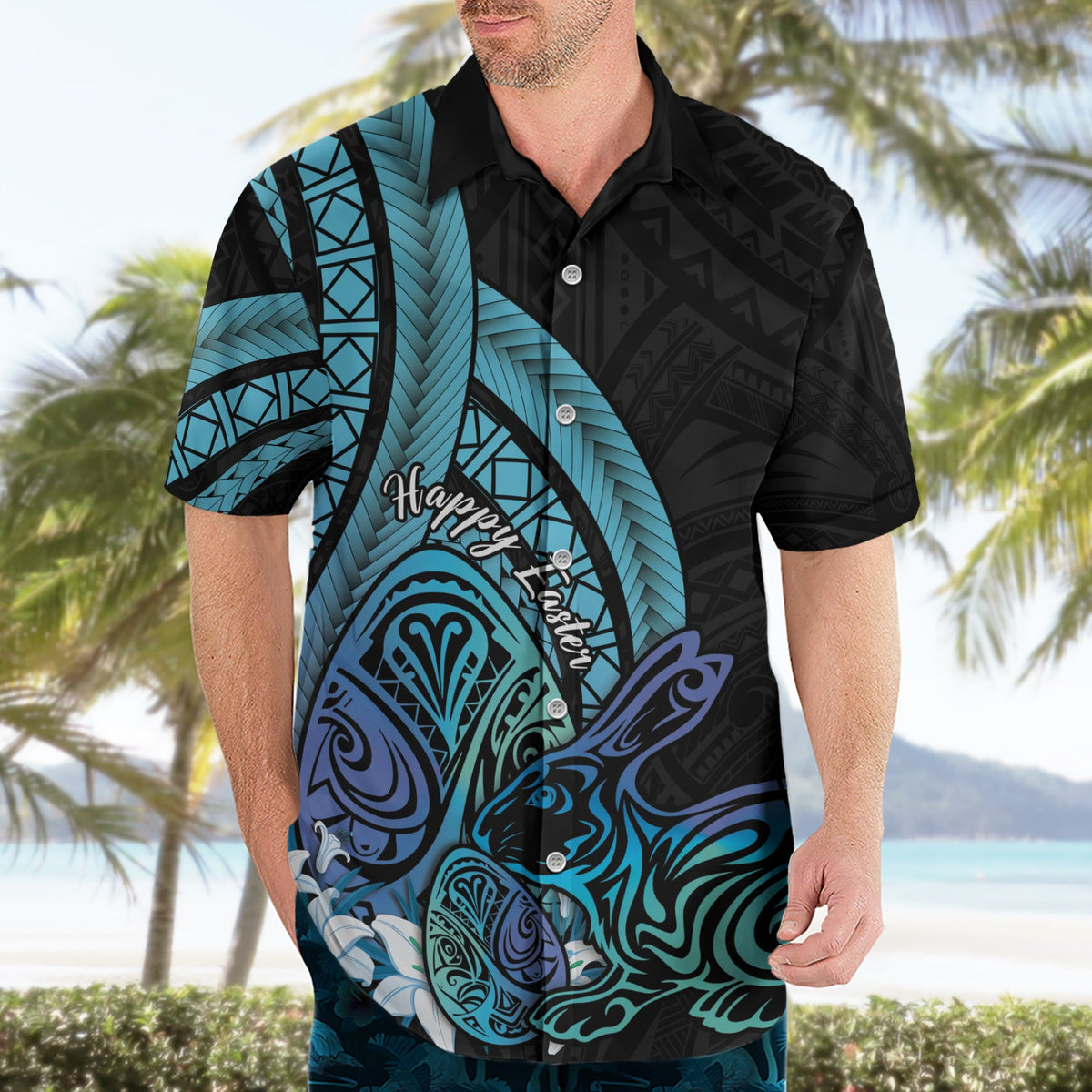 Türkis Polynesien Ostern Tag Hawaiian Shirt Eier mit Hase Polynesisches Muster LT14
