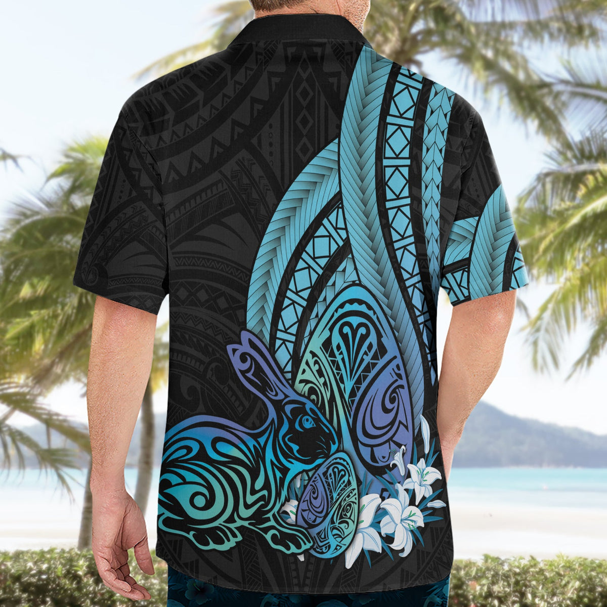 Türkis Polynesien Ostern Tag Hawaiian Shirt Eier mit Hase Polynesisches Muster LT14