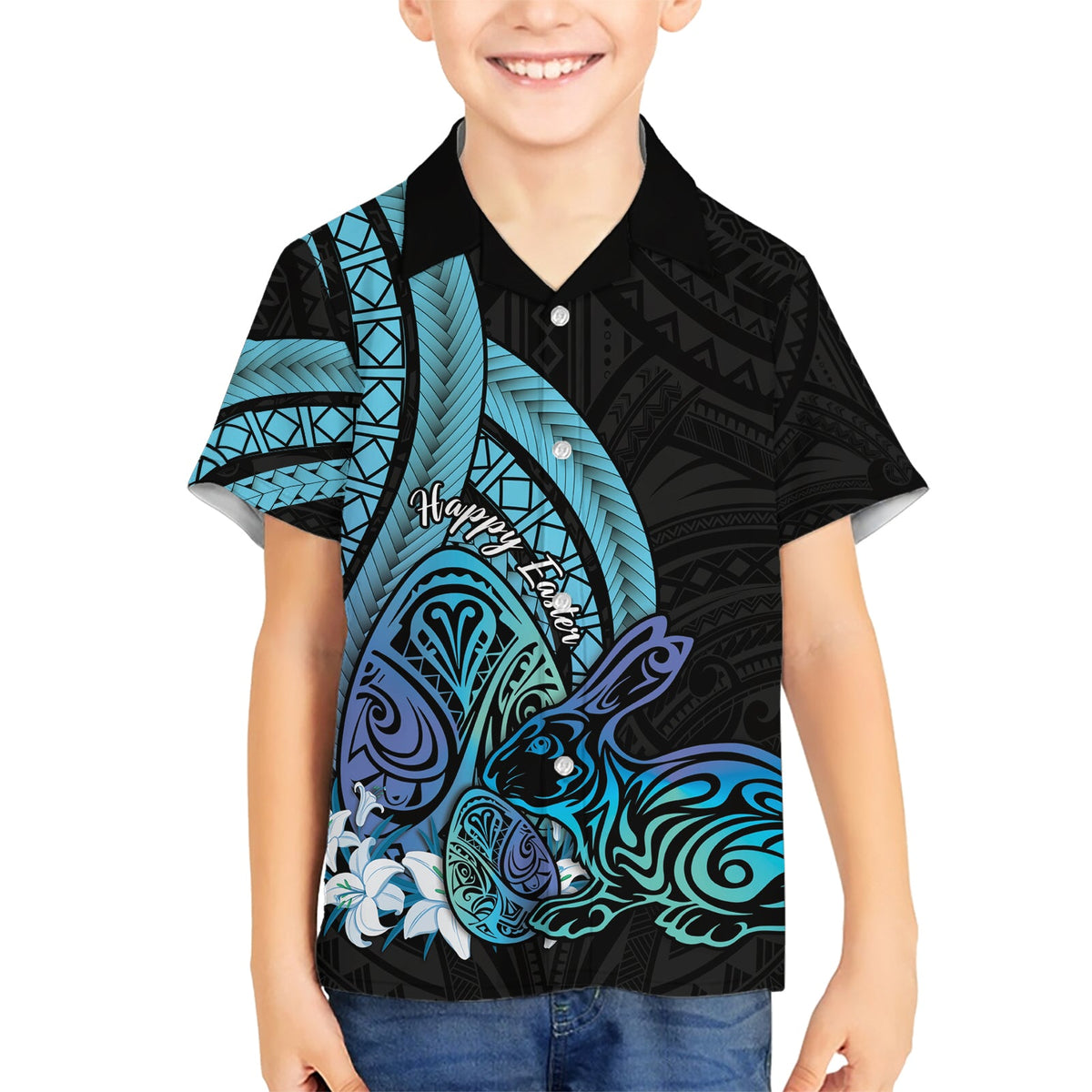 Türkis Polynesien Ostern Tag Hawaiian Shirt Eier mit Hase Polynesisches Muster LT14